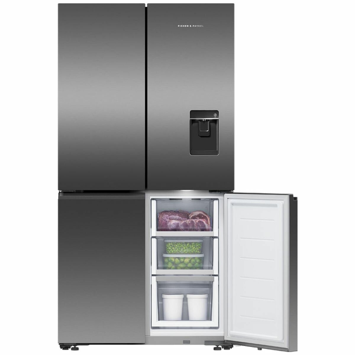 Fisher & Paykel RF605QNUVB1 21.2 cu ft Quad Door Refrigerator with Ice & Water Dispenser - Black Stainless Steel | Perfect for Modern Kitchens & Large Families