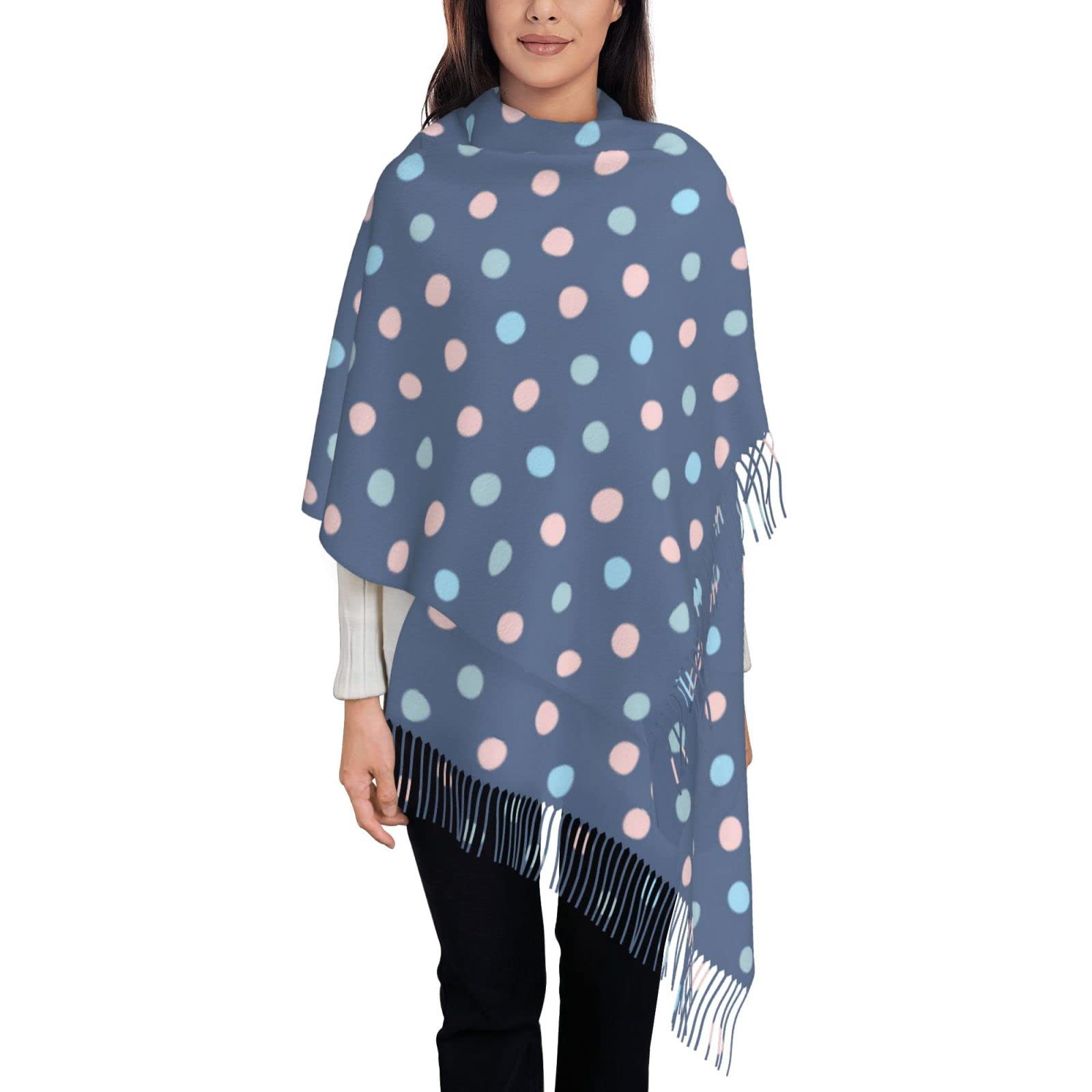 Bagea-Ka Navy Blue Crayon Dots Pashmina Scarf for Women - Soft Warm Long Shawl Wrap with Tassels - Perfect for Winter, Office, Travel & Gift Giving