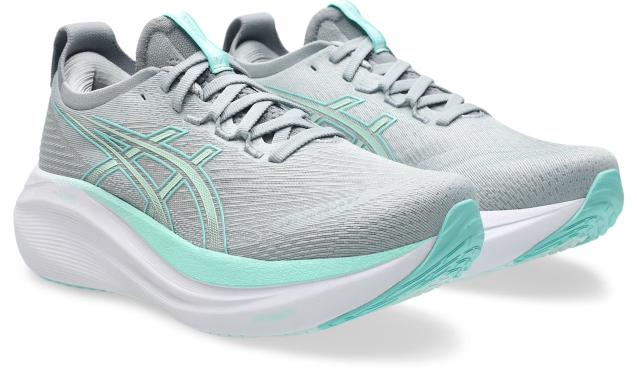 ASICS Women's Gel-Nimbus 27 Wide Running Shoes - Piedmont Grey/Illuminate Mint - Cushioned Support for Long Distance Running & Gym Workouts