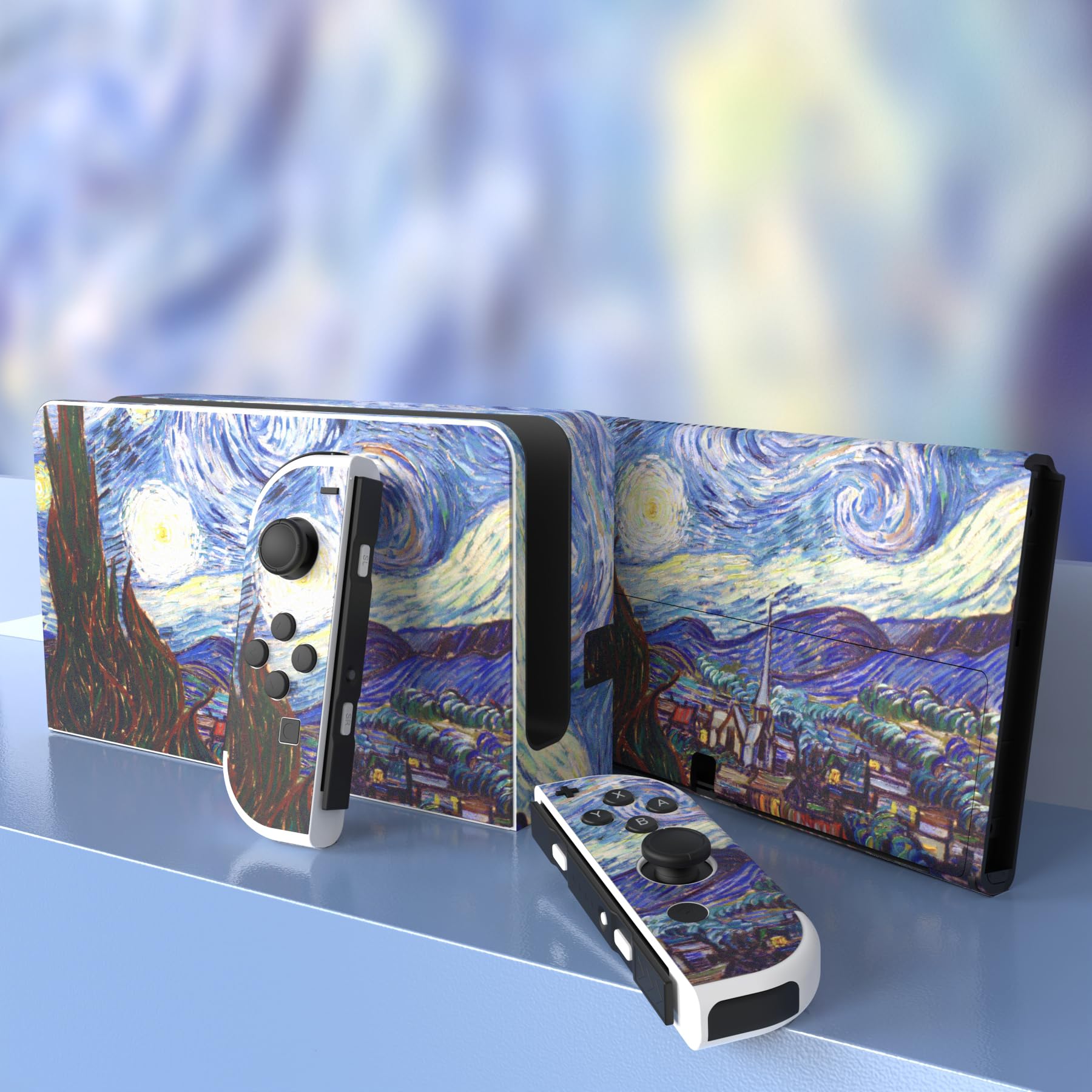 PlayVital Full Set Protective Stickers for Nintendo Switch OLED Model - Custom Vinyl Decal Skins for Switch OLED Console, Joycon, Dock & Grip - The Starry Night Design - Perfect for Gaming Protection and Personalization