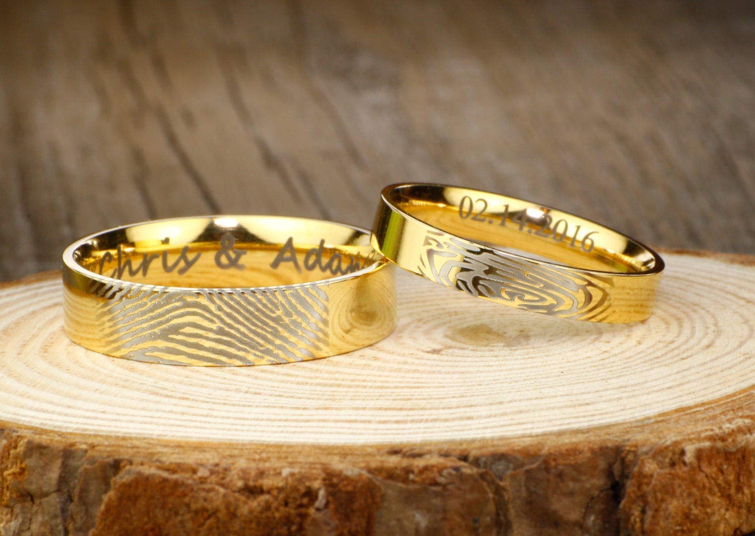 Handmade 18K Gold Couple Matching Rings Set - Engraved Wedding & Engagement Rings with Actual Fingerprints - Perfect for Anniversaries, Proposals & Romantic Gifts