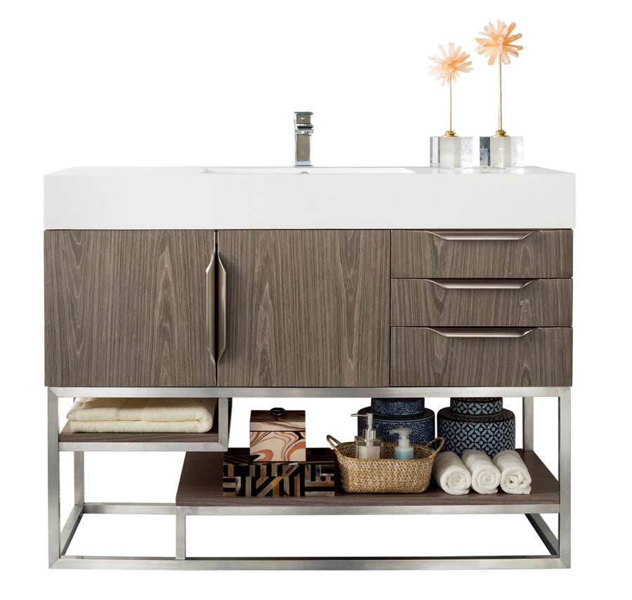 Columbia 48 Inch Single Bathroom Vanity in Ash Gray with Glossy White Composite Top - Perfect for Modern Home Renovation & Small Space Bathroom Design