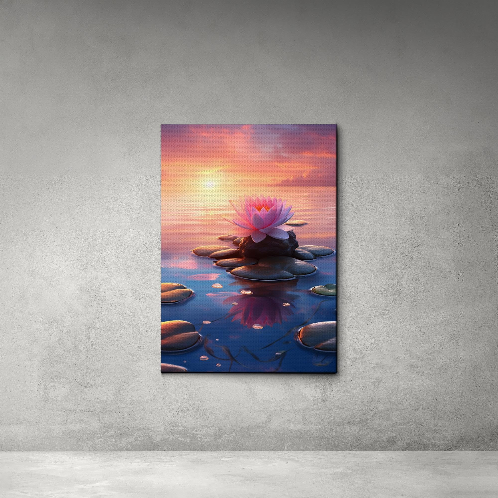 Zen Wall Art Decor - Framed Canvas Print of Peaceful Zen Garden with Stone Flower and Sunset Water Scene - Meditation & Yoga Room Decor for Home, Office, Spa - Perfect for Relaxation and Mindfulness Spaces