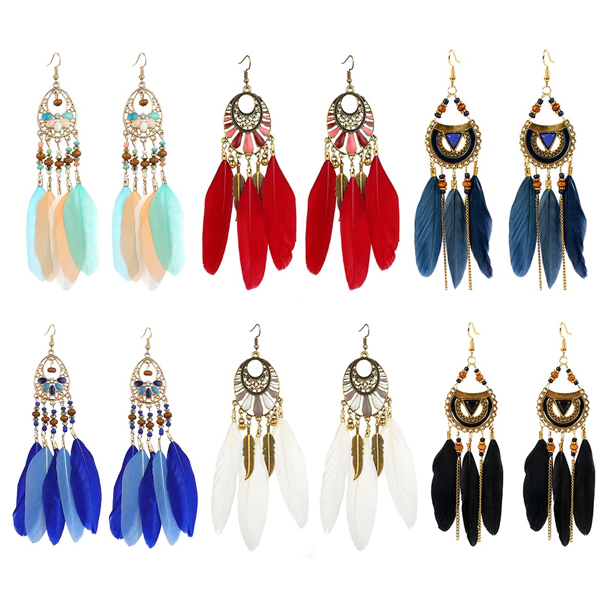 Boho Feather Earrings for Women - 4 Pairs Long Dangle Tassel Drop Hook Earrings, Bohemian Style Jewelry for Girls | Perfect for Festivals, Parties, and Everyday Boho Chic Outfits