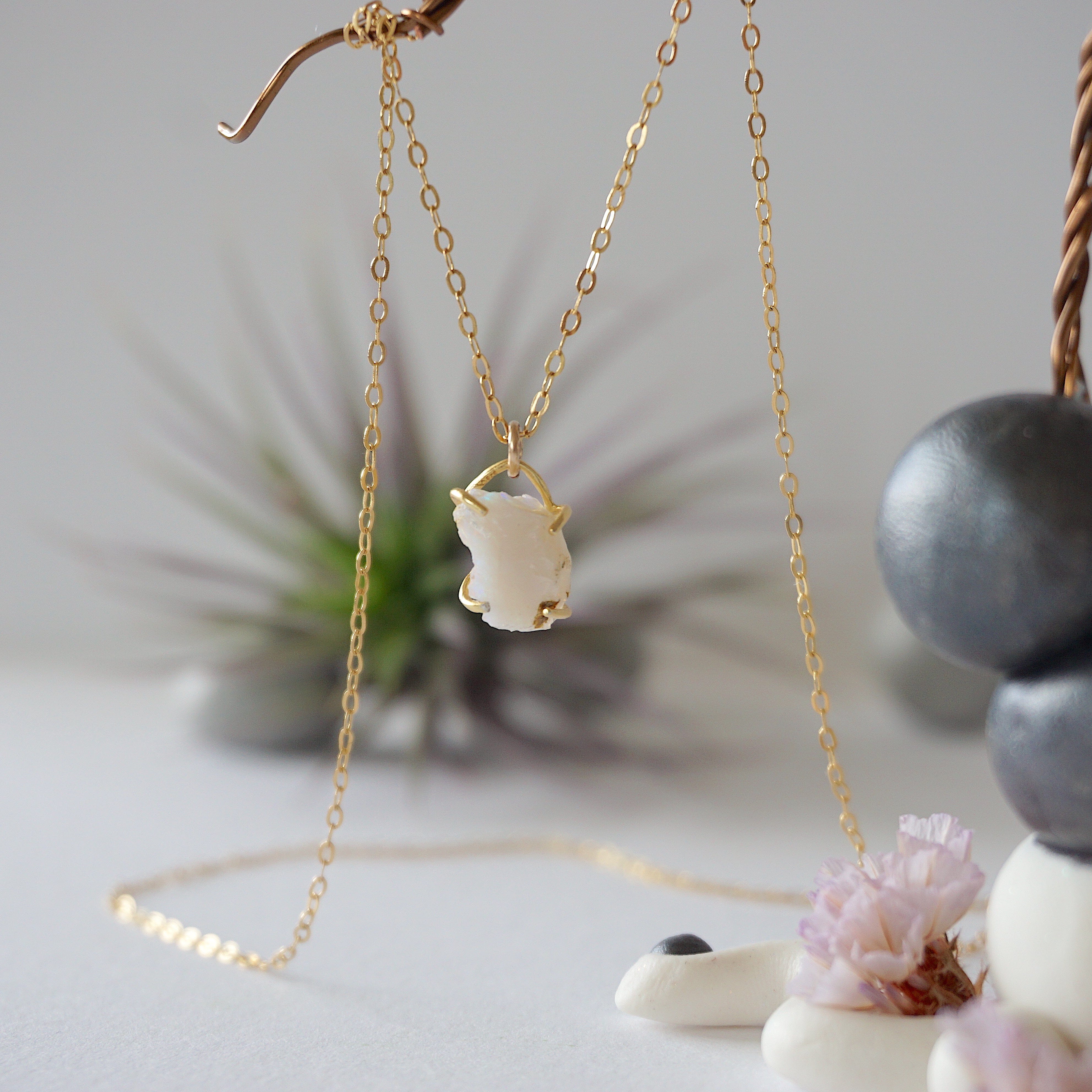 14K Gold Filled Raw Opal Huggie Charm Necklace - Elegant Dainty Jewelry for Women, Perfect for Everyday Wear, Gift Giving & Special Occasions