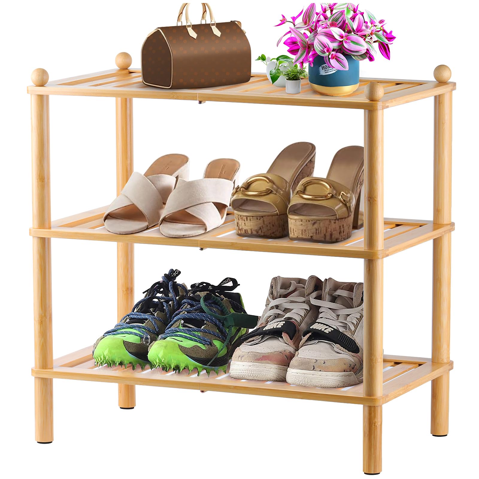 3-Tier Bamboo Shoe Rack Organizer - Space Saving Stackable Shoe Shelf for Entryway, Closet & Hallway - Perfect for Small Spaces & Front Door Storage - Ideal for Apartments, Dorms & Home Organization