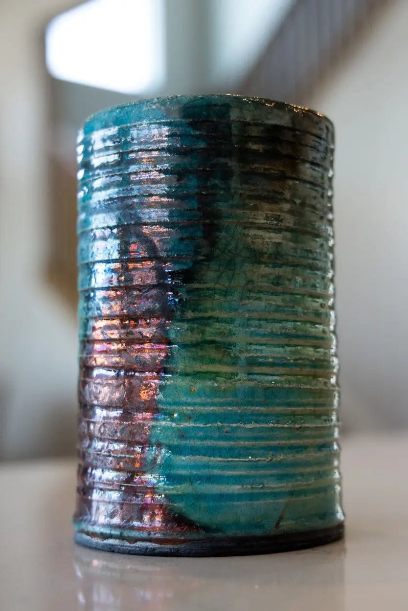Handmade Raku Ceramic Flower Vase - Textured Turquoise & Copper Glaze | Modern Home Decor, Wedding Centerpiece, Boho Chic Interior Design