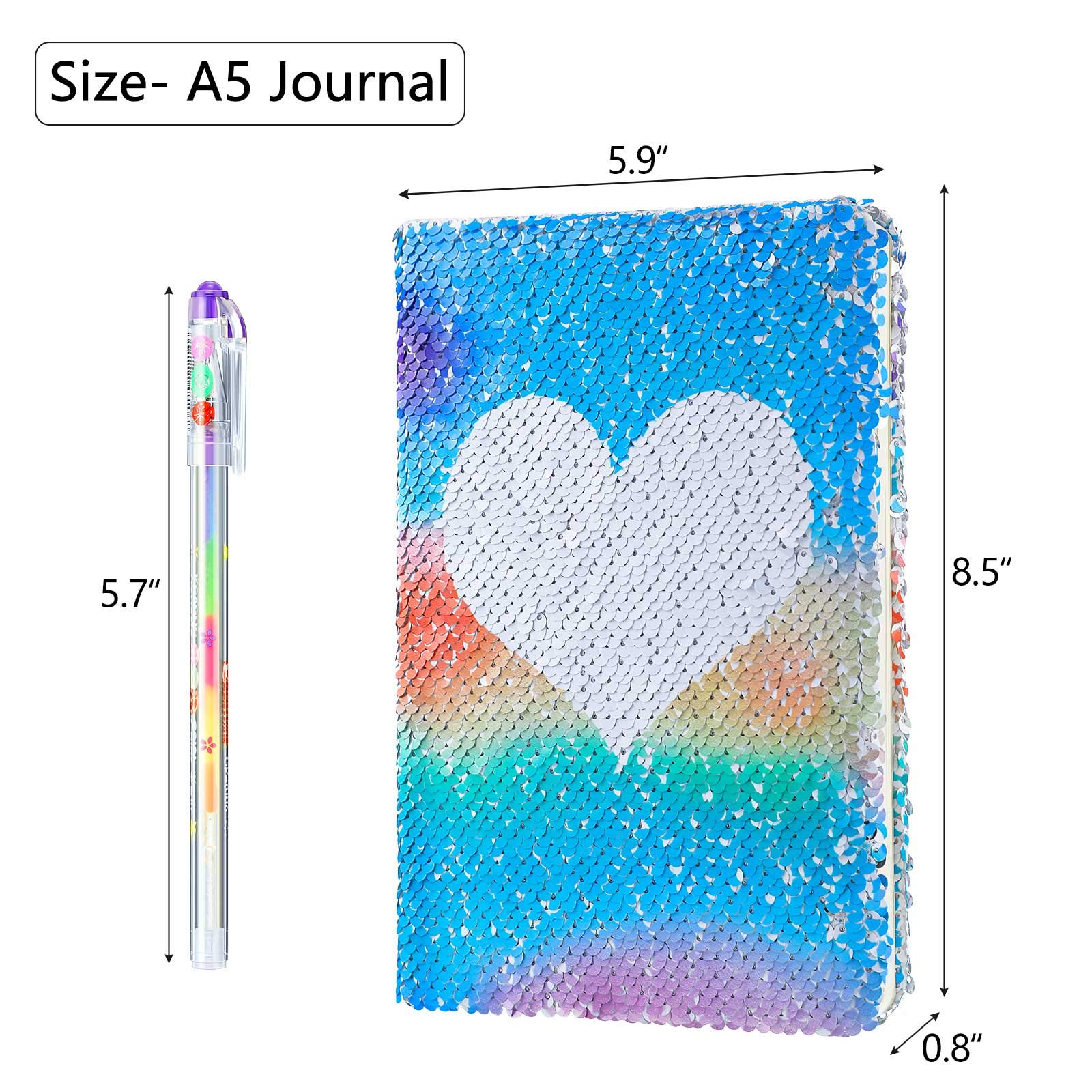 Outus Sequin Girls Journal Set with 4 Color Gel Pens - Reversible Glitter Diary Notebook for Teens, Heart Shaped Candy Color Writing Gift - Perfect for School, Birthday Presents & Creative Note Taking