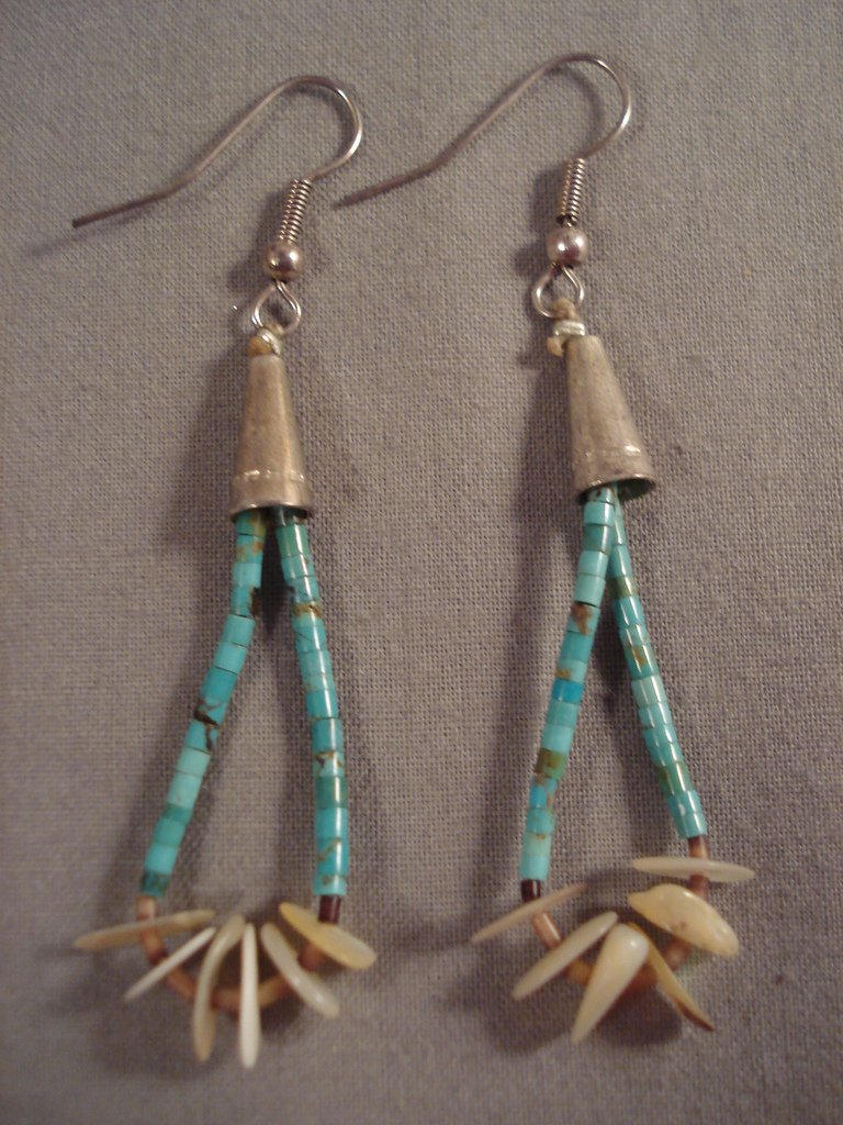 Vintage Santo Domingo Navajo Turquoise Heishi Native American Jewelry Sterling Silver Shell Earrings - Handmade Southwest Boho Style for Women, Perfect for Festivals & Boho Fashion