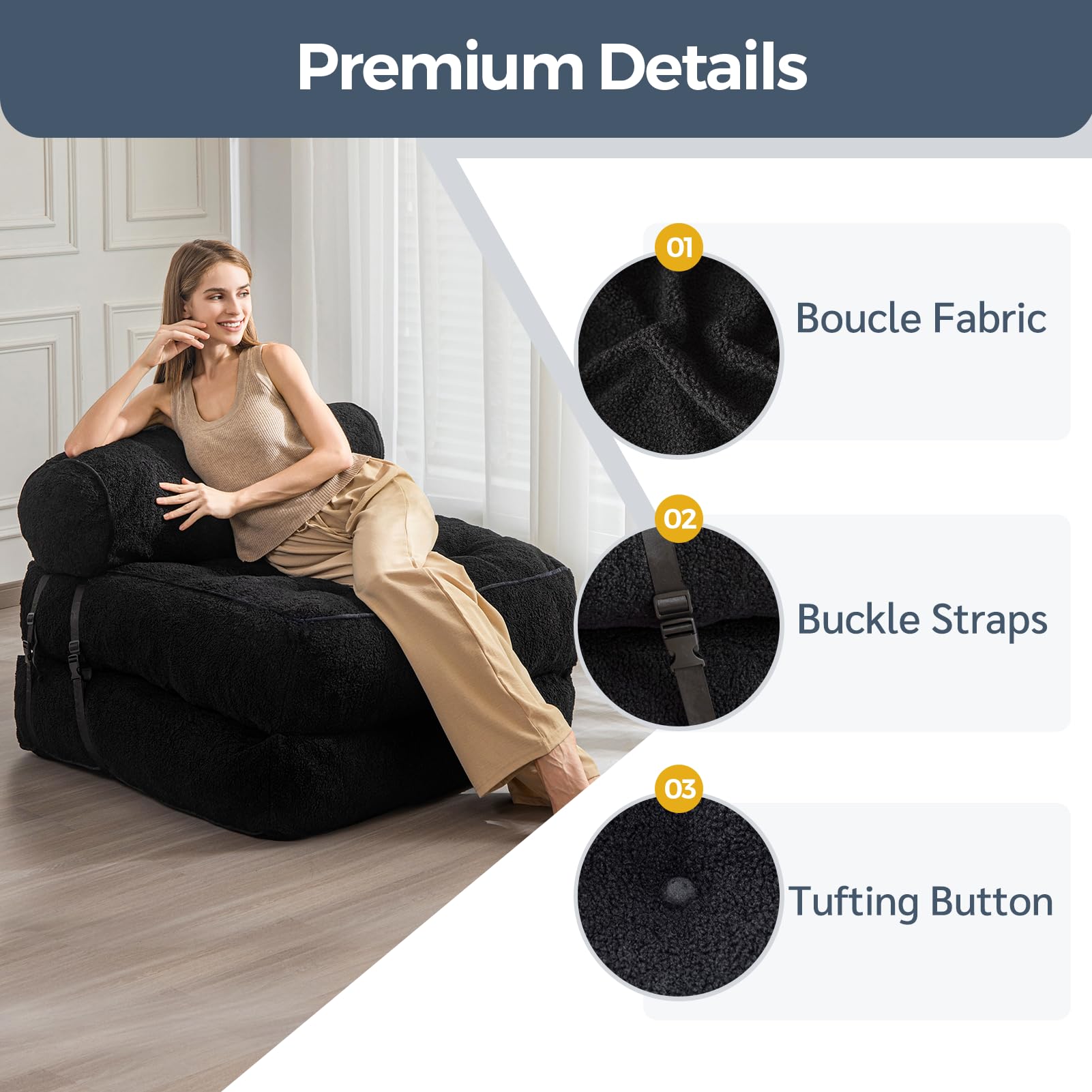 MAXYOYO Folding Sofa Bed - Convertible Boucle Sleeper Chair with Bolster Pillow, Multi-Functional Floor Sofa Lounge for Living Room & Bedroom (Black) | Perfect for Small Spaces, Guest Rooms & Apartment Living
