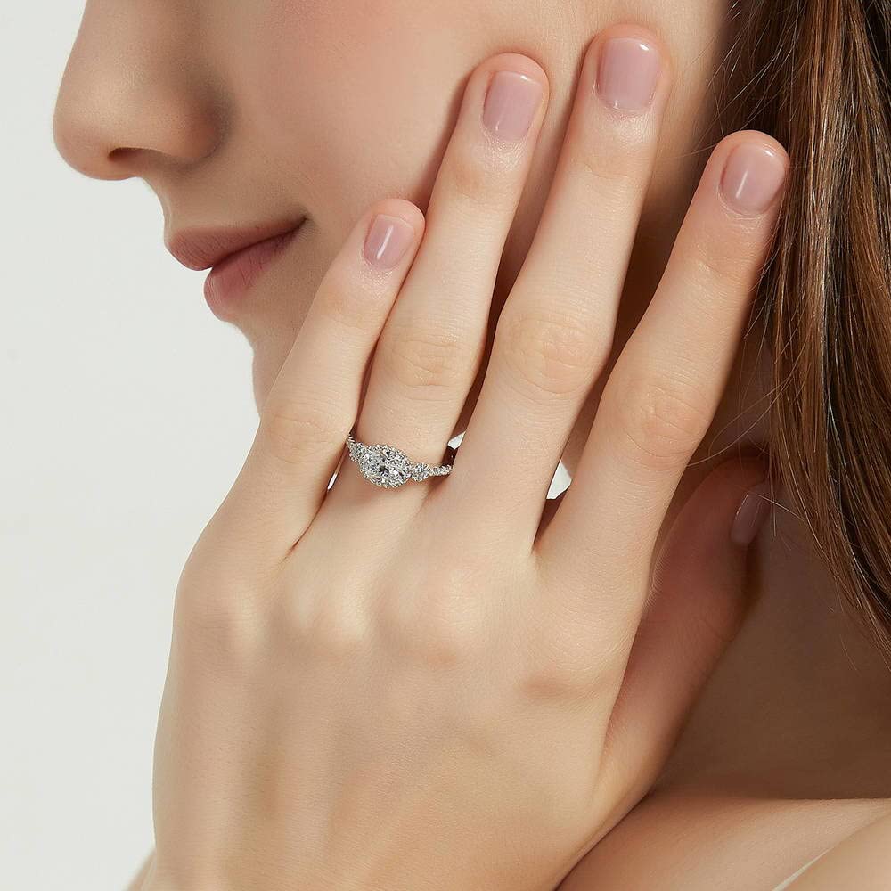 BERRICLE Sterling Silver 3-Stone Oval Cut Cubic Zirconia Engagement Ring for Women - 1.2 Carat CZ Wedding & Anniversary Band, Rhodium Plated, Size 4-10 - Perfect for Proposals, Bridal Jewelry & Special Occasions