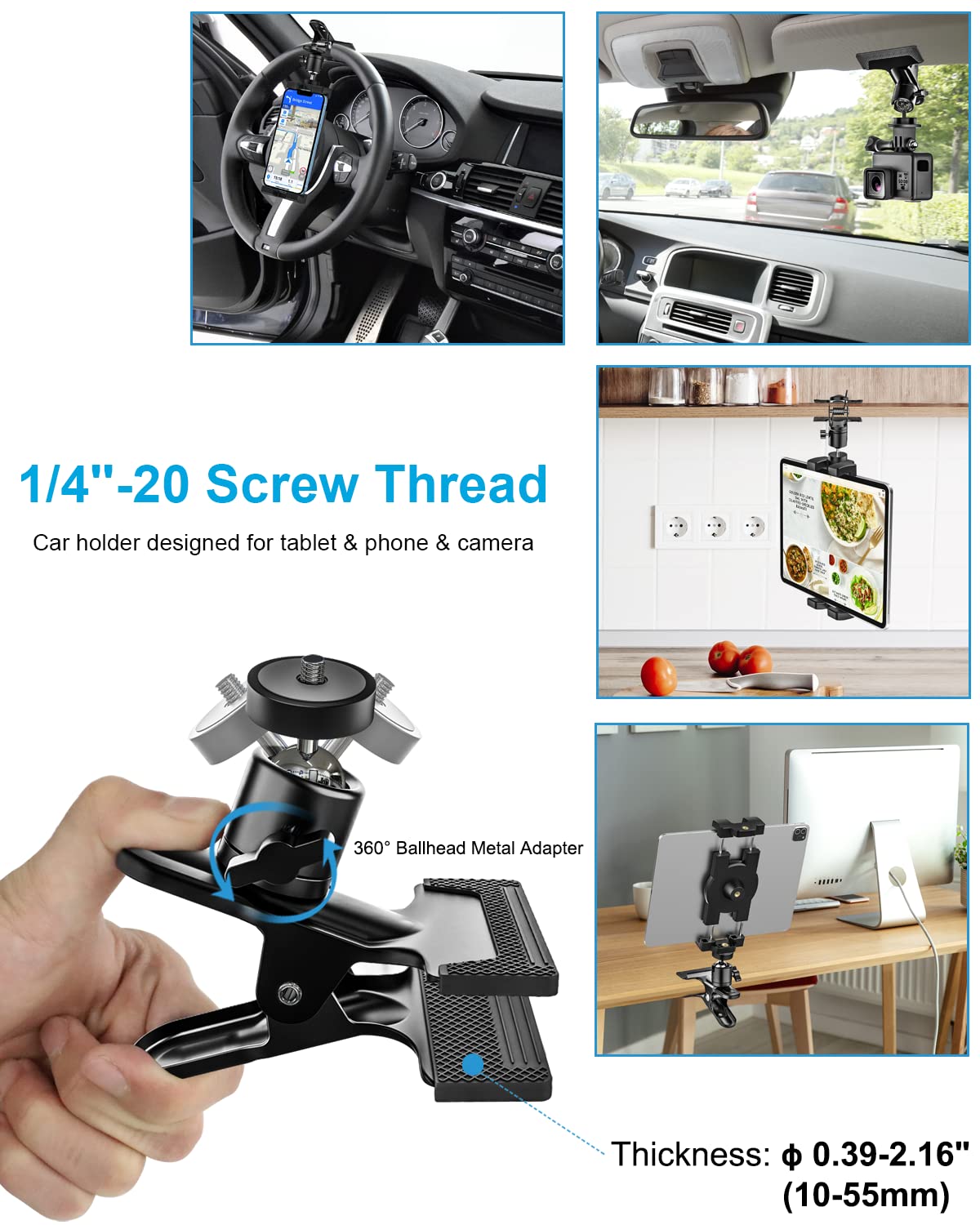 WoleYi Universal Car Sun Visor Tablet Holder - 360° Rotatable Steering Wheel Mount with 1/4