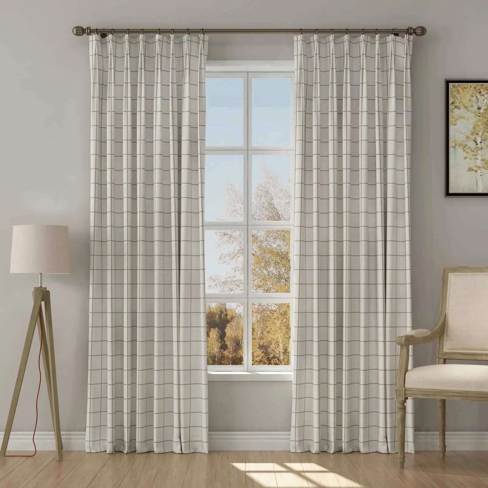 Stefana Silver Print Linen Pinch Pleat Curtains - Unlined Luxury Window Drapes for Living Room & Bedroom Decor