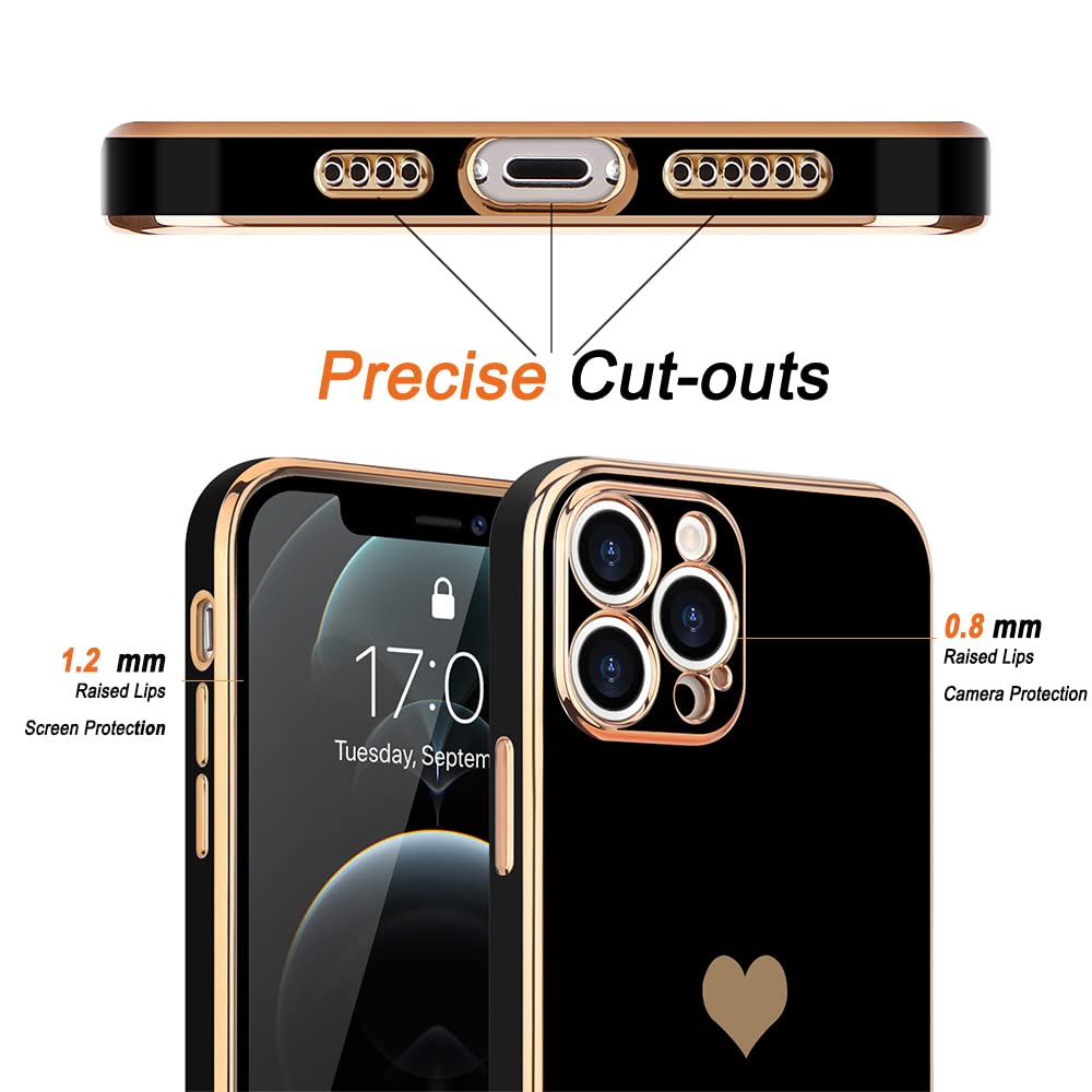 Teageo Luxury Bling Plating iPhone 12 Pro Case - Cute Love Heart Design, Soft Silicone Shockproof Cover with Raised Camera Protection for Women & Girls (Black) - Perfect for Daily Use, Parties & Gift Giving