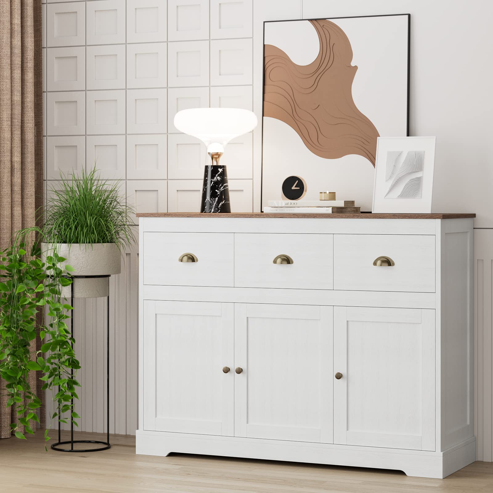 Farmhouse Style Buffet Cabinet with 3 Drawers & 3 Doors - Adjustable Shelves Kitchen Storage Sideboard, Wine Bar Console Table for Dining & Living Room - Antique White Finish | Perfect for Dining Room Storage, Kitchen Organization & Home Decor