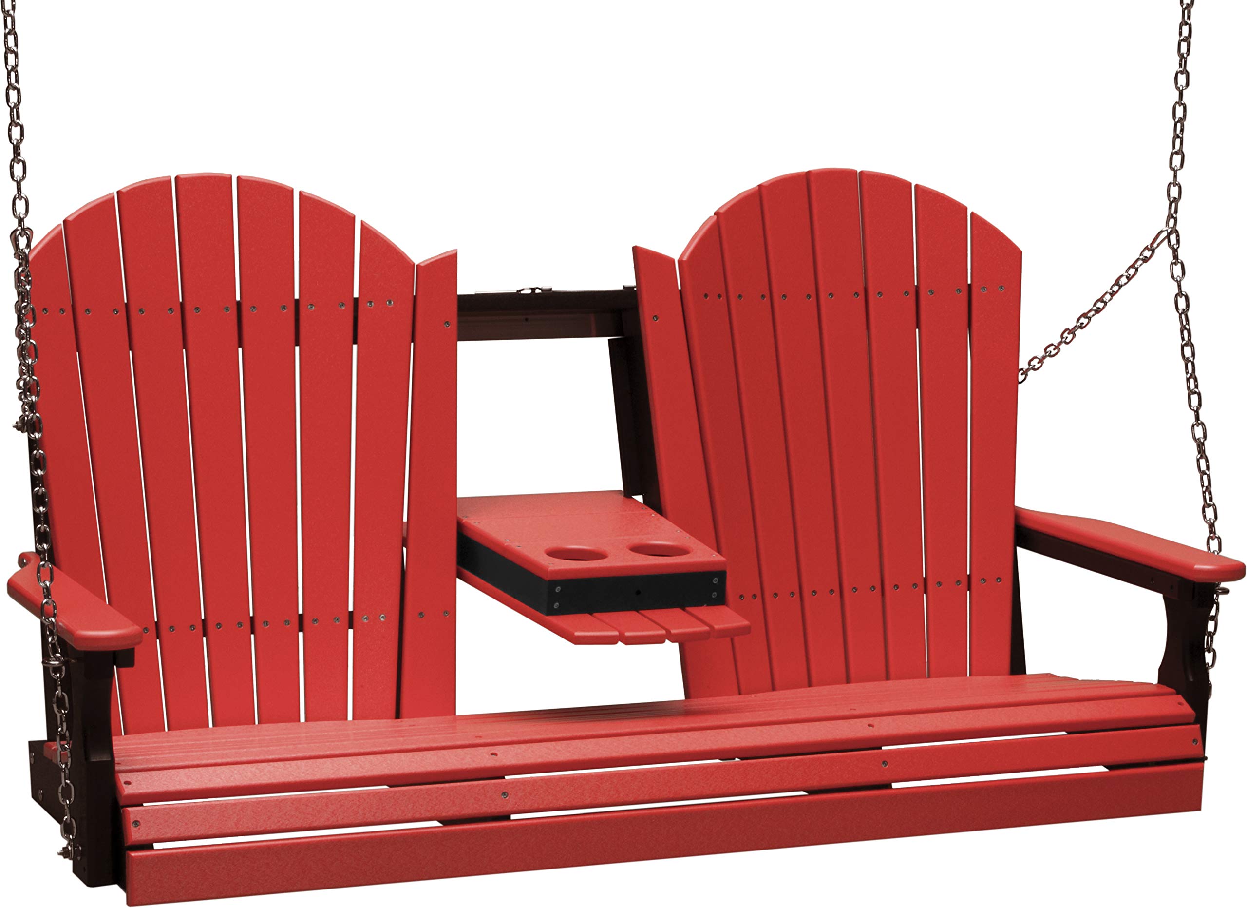 LuxCraft 5 Foot Adirondack Hanging Porch Swing with Flip Down Console - Outdoor Patio Swing Chair, Front Porch Swing Bench for Garden, Backyard, Deck (Red & Black) - Perfect for Relaxing, Reading & Enjoying Nature