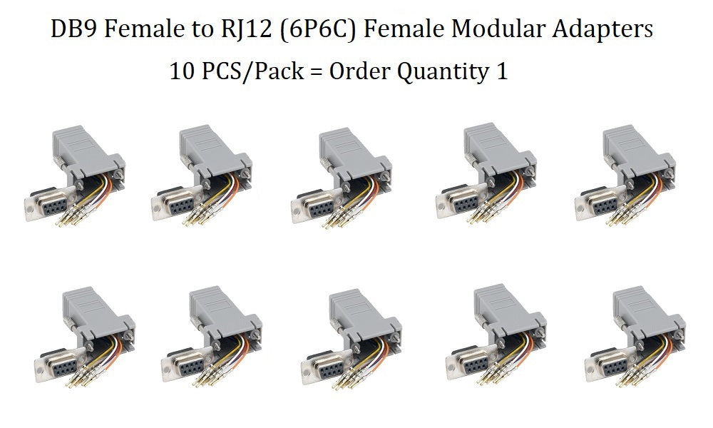 10-Pack DB9 Female to RJ12 (6P6C) Female Modular Adapter - Gray | Serial Port to Telephone Line Converter for Networking, Telecom & Industrial Equipment Connections