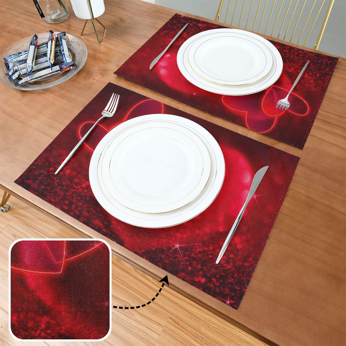 Bolaz Red Hearts Valentines Placemats Set of 4 - Washable Table Mats for Kitchen, Dining & Home Decor (12x18 Inches) - Perfect for Valentine's Day, Mother's Day & Romantic Dinners