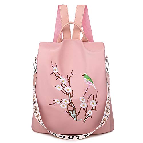 Waterproof Oxford Women's Backpack Purse - Stylish Embroidery Fashion Print School Bag, Casual Shoulder Bag for Girls (Pink Embroidery B) - Perfect for School, Travel & Daily Use