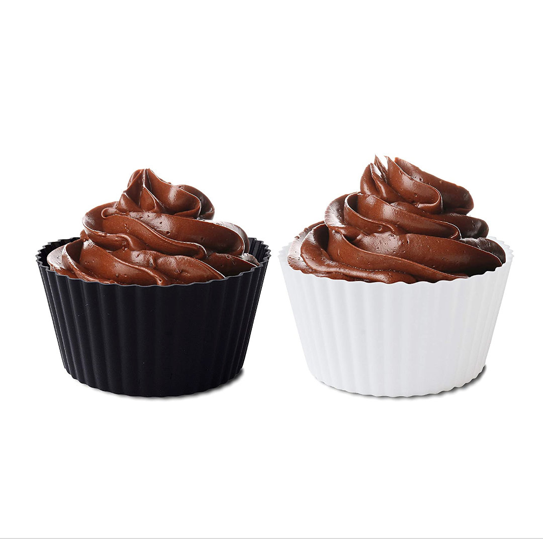 Fox Run Silicone Baking Cups - Set of 12 Black & White Reusable Muffin Liners for Cupcakes, Desserts & Party Treats - Non-Stick, BPA-Free & Dishwasher Safe