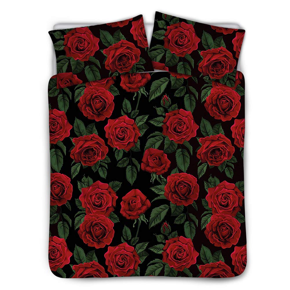 BIGCARJOB 3-Piece Queen Size Duvet Cover Set - Red Rose Floral Print, Stylish & Comfortable Bedding with Beige Lining (88x88 Inches) for Women, Girls, Kids | Dust-Proof Comforter Cover for Bedroom & Dorm Decor | Perfect for Cozy Nights & Home Styling