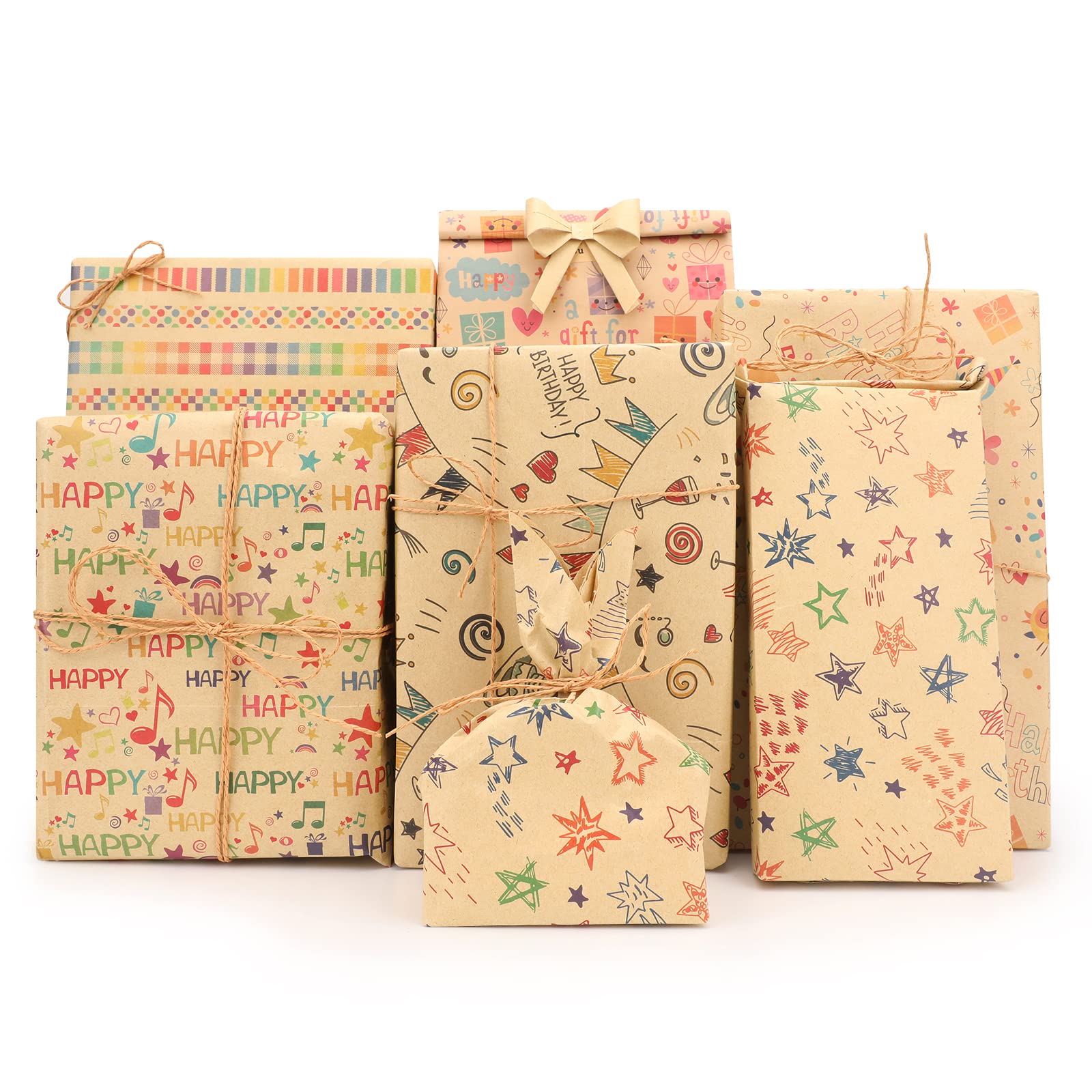 Eco-Friendly Brown Recycled Wrapping Paper Set - 6 Sheets (20x28 Inches) with Jute Strings & Stickers for Birthday Gifts | Perfect for Kids, Friends & Parents | Sustainable Gift Wrapping for Parties, Holidays & Special Occasions