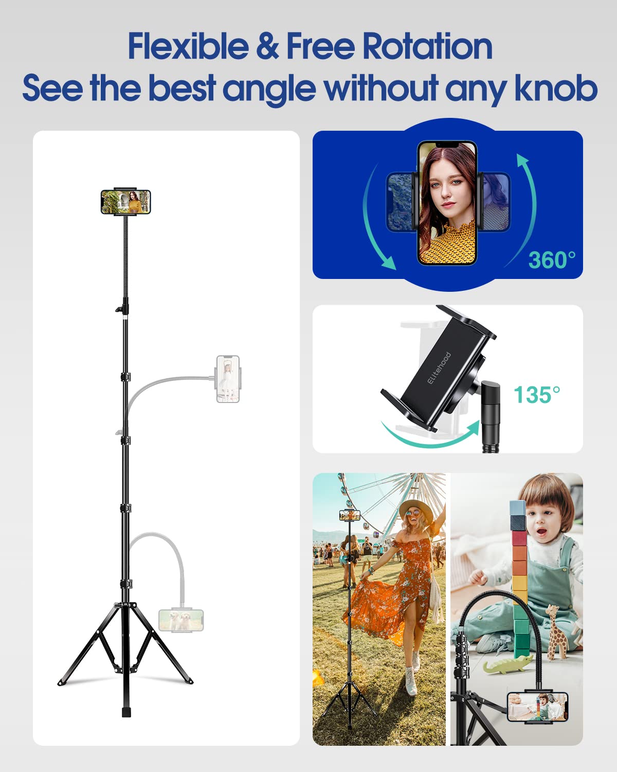 Elitehood 203cm Tall Heavy Duty Metal Tripod Stand with 360° Rotating Phone Holder - Adjustable Gooseneck Overhead Tripod for iPhone 16/15/14/13/12 Pro Max & All Smartphones - Perfect for Video Filming, Live Streaming, Photography & Content Creation