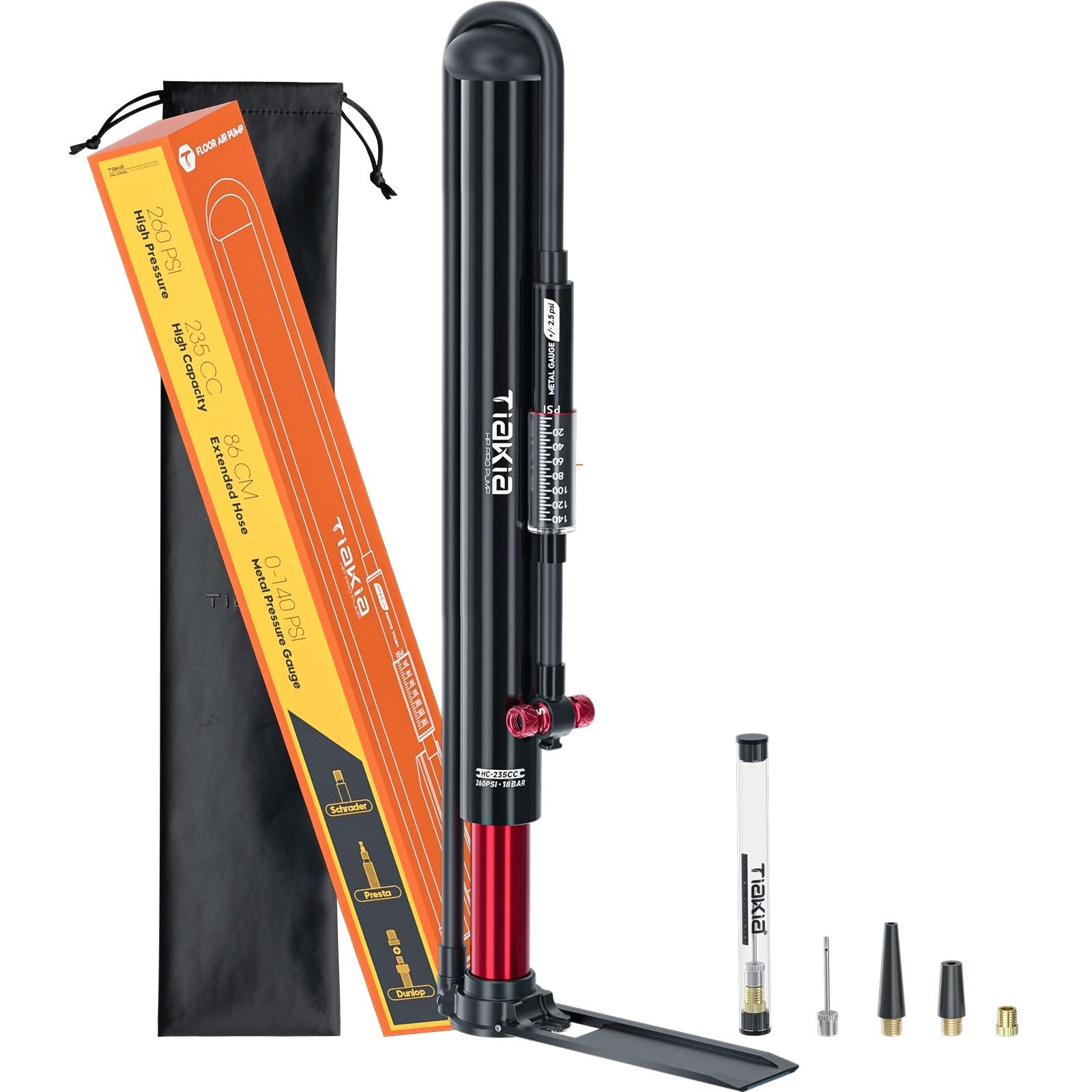 Tiakia High Pressure Bike Pump with Gauge - Portable Aluminum Bicycle Tire Pump for Presta & Schrader Valves - Ideal for Mountain Bikes, Road Bikes, Strollers and Sports Balls | Perfect for Home, Garage & Outdoor Cycling Adventures