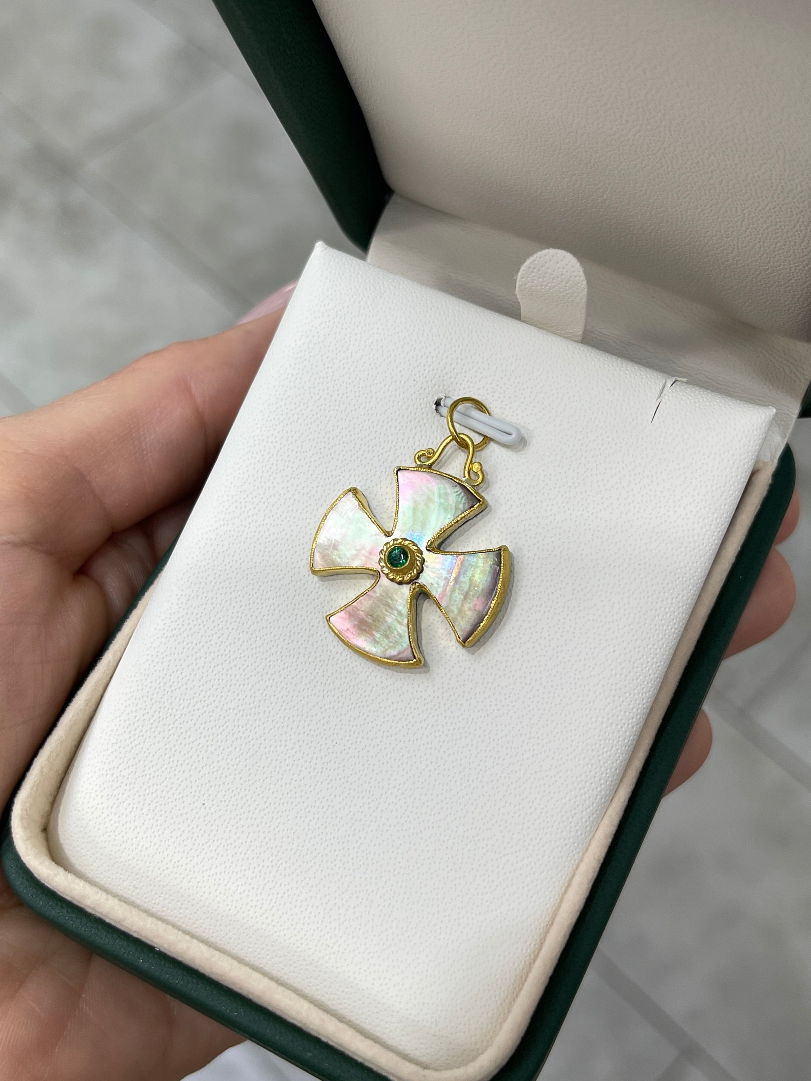 24K Gold Byzantine Cross with Mother of Pearl and Emerald - Maltese Style Religious Jewelry for Men & Women - Perfect for Church, Weddings, and Special Occasions
