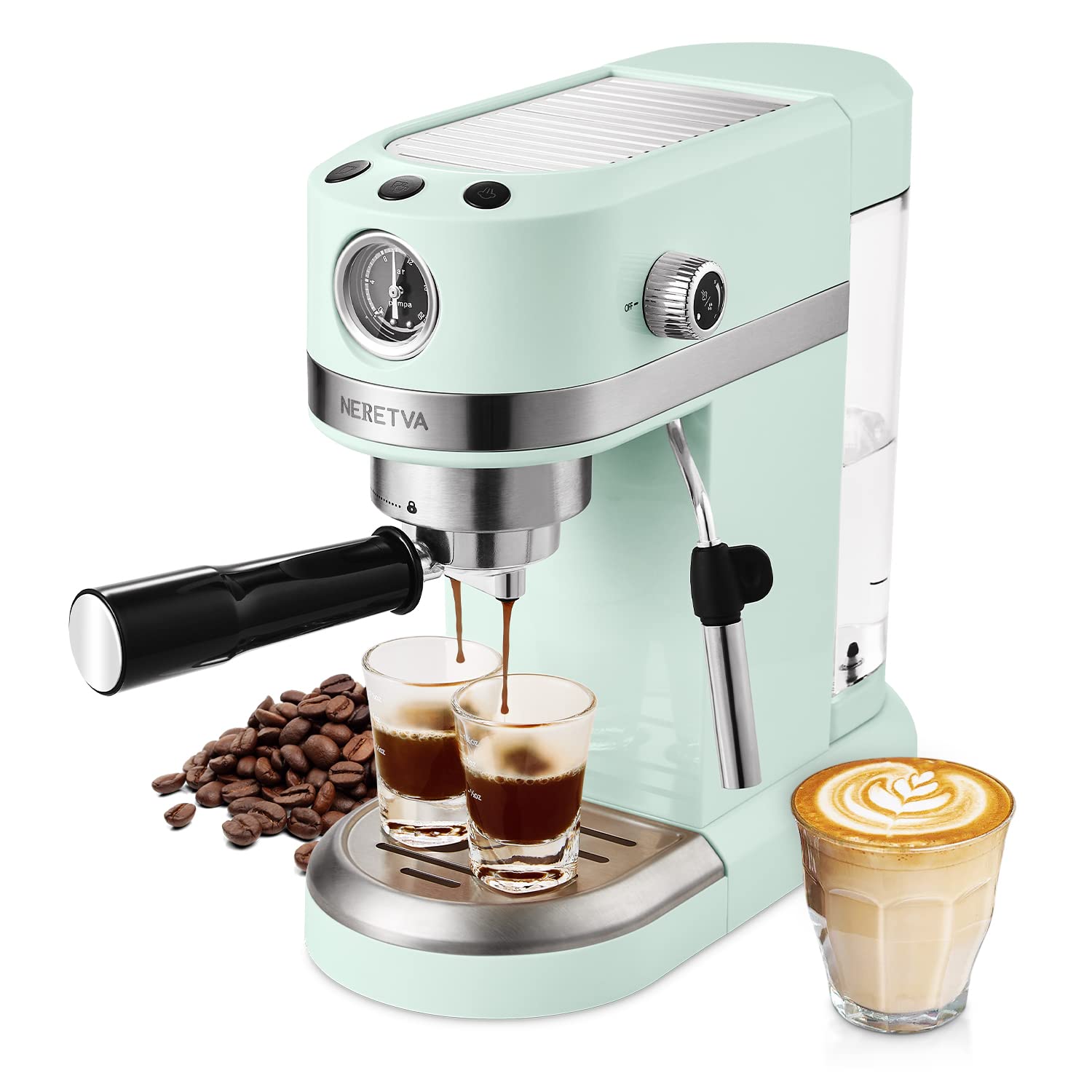 Neretva 20 Bar Espresso Coffee Machine with Steam Wand - Compact Home Espresso Maker for Latte, Cappuccino & Americano, 1350W Italian High Pressure Coffee Machine (Mint Green) - Perfect for Home Baristas & Coffee Lovers