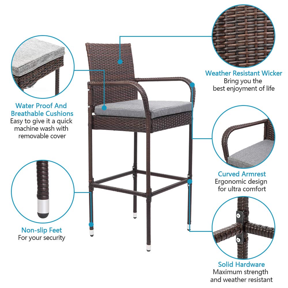 VINGLI 2-Piece Outdoor Wicker Bar Stool Set with Cushions - 30
