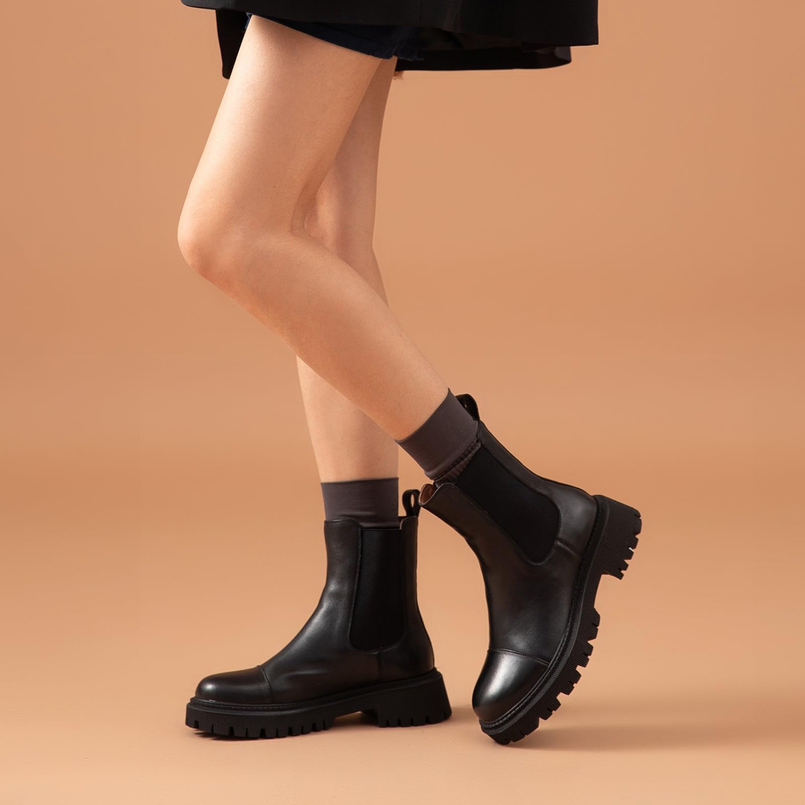 BEAU TODAY Women's Chunky Platform Leather Chelsea Boots - Round Toe Ankle Booties for Winter Fashion & Dress Outfits | Perfect for Office, Casual Wear & Night Out