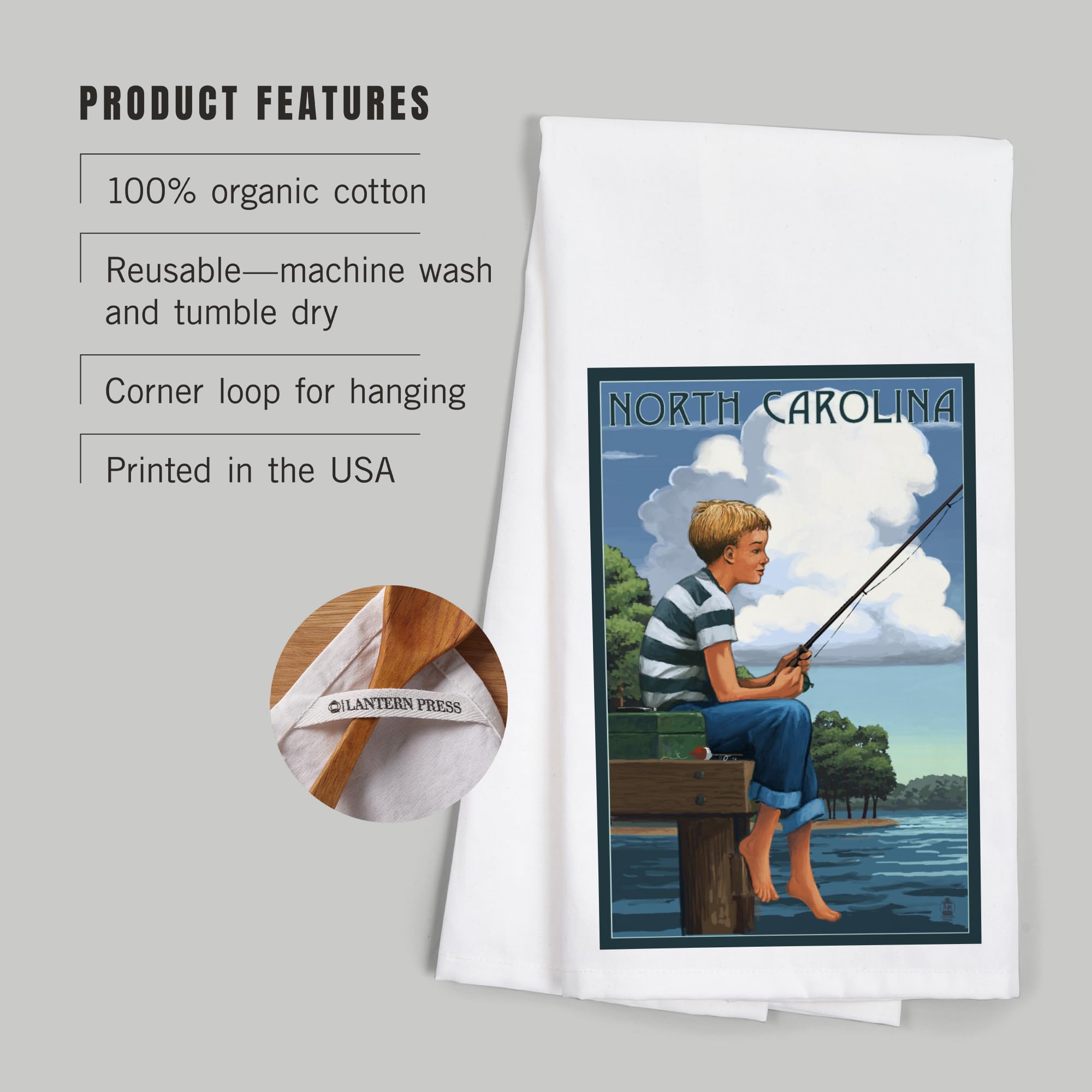 Lantern Press North Carolina Boy Fishing - 100% Cotton Tea Towel, Decorative Hand Towel for Kitchen, Bathroom & Home Decor | Perfect for Dish Drying, Wall Art & Gift Giving
