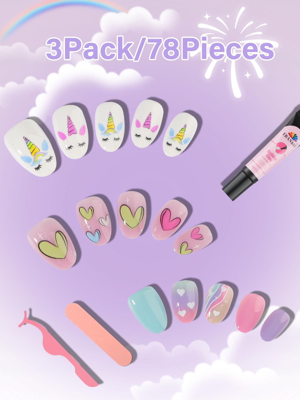 EBANKU 3 Pack Press on Nails for Kids 8-12 Years - 78 Pieces Colorful Heart Fake Nails Kit with Jelly Nail Adhesives & Nail Builder Glue - Perfect for Birthday Parties, Playdates & DIY Nail Art Fun