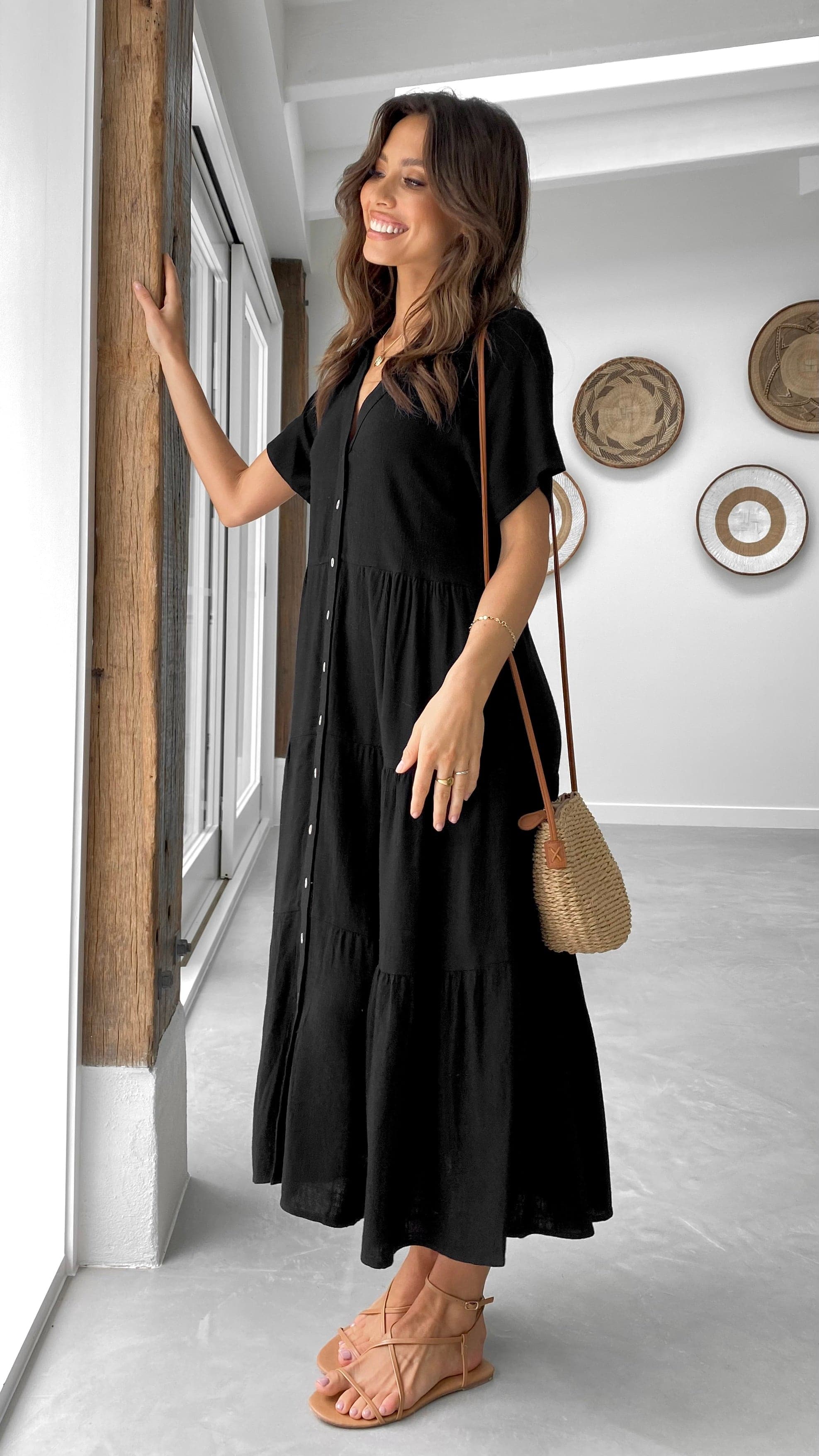 Kimberly Midi Dress - Elegant Black Flowy Dress for Women | Perfect for Office, Date Night & Special Occasions