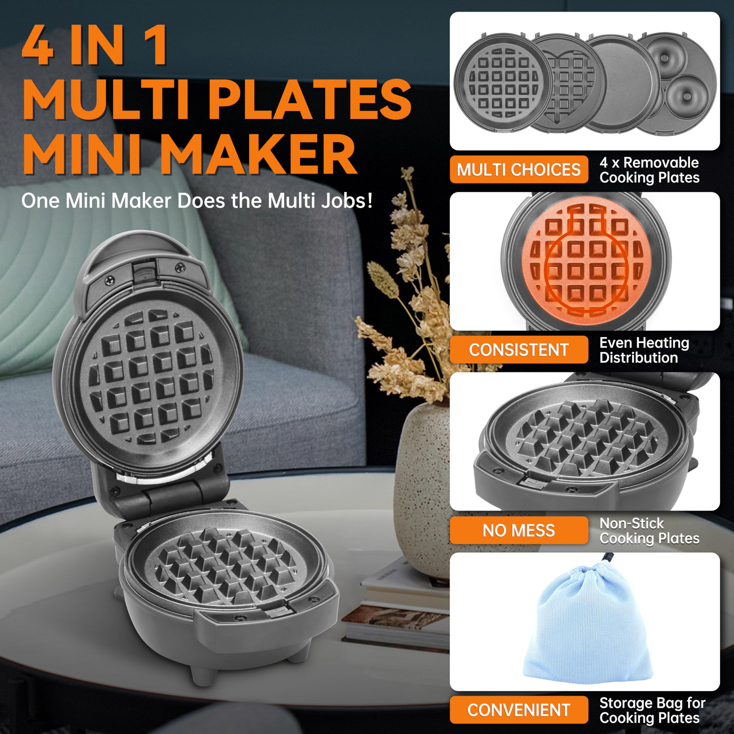 4-in-1 Mini Waffle Maker Set with Removable Plates - Pancake, Donut & Heart Waffle Maker | Compact Breakfast Appliance for Home, Dorm & Office | Includes Recipe Book | Graphite Design