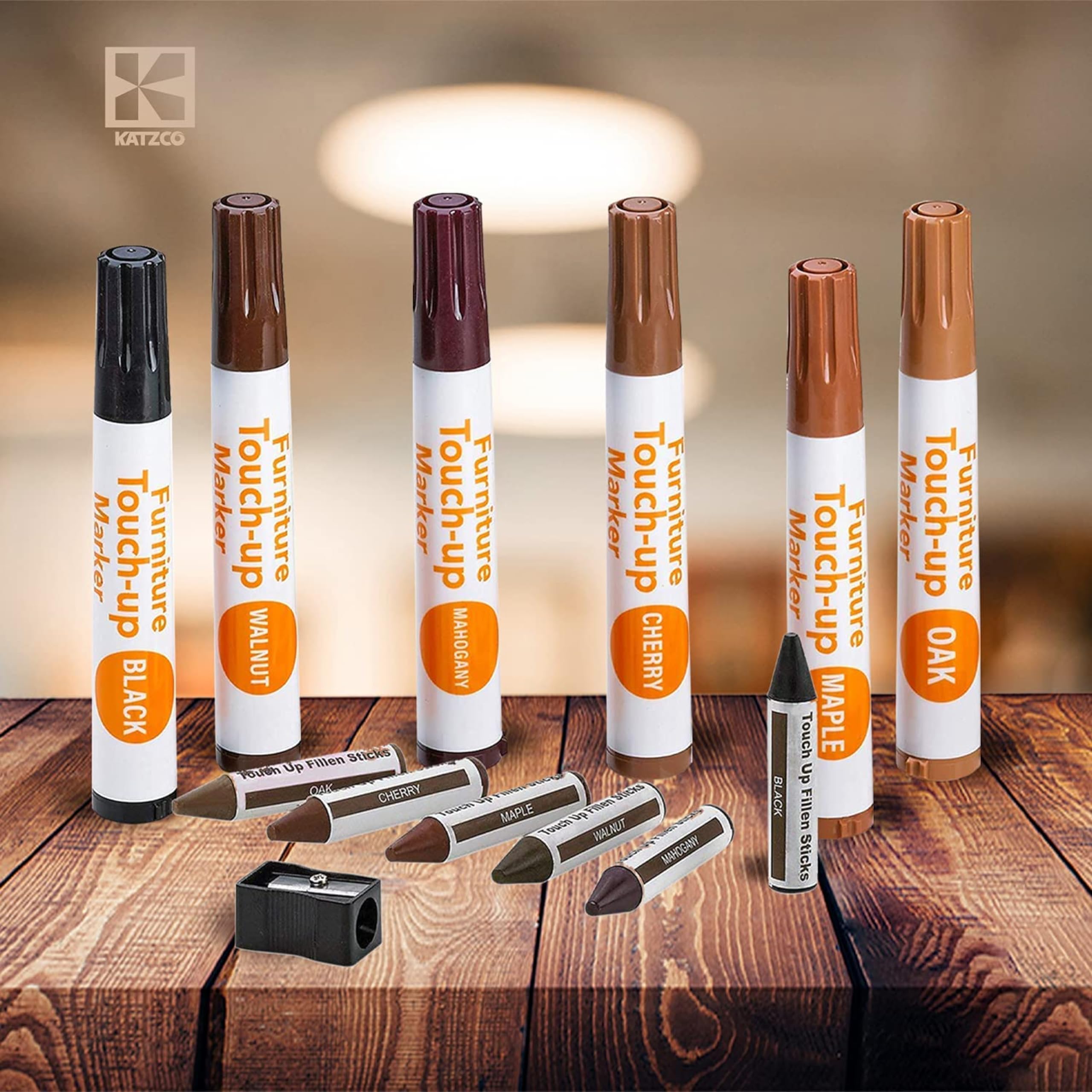 Katzco 34-Piece Wood Furniture Repair Kit - Stain & Scratch Markers with Wax Sticks & Sharpener - Perfect for Floors, Tables, Desks, Bedposts - DIY Touch-Up & Cover-Up Solution for Carpenters & Homeowners