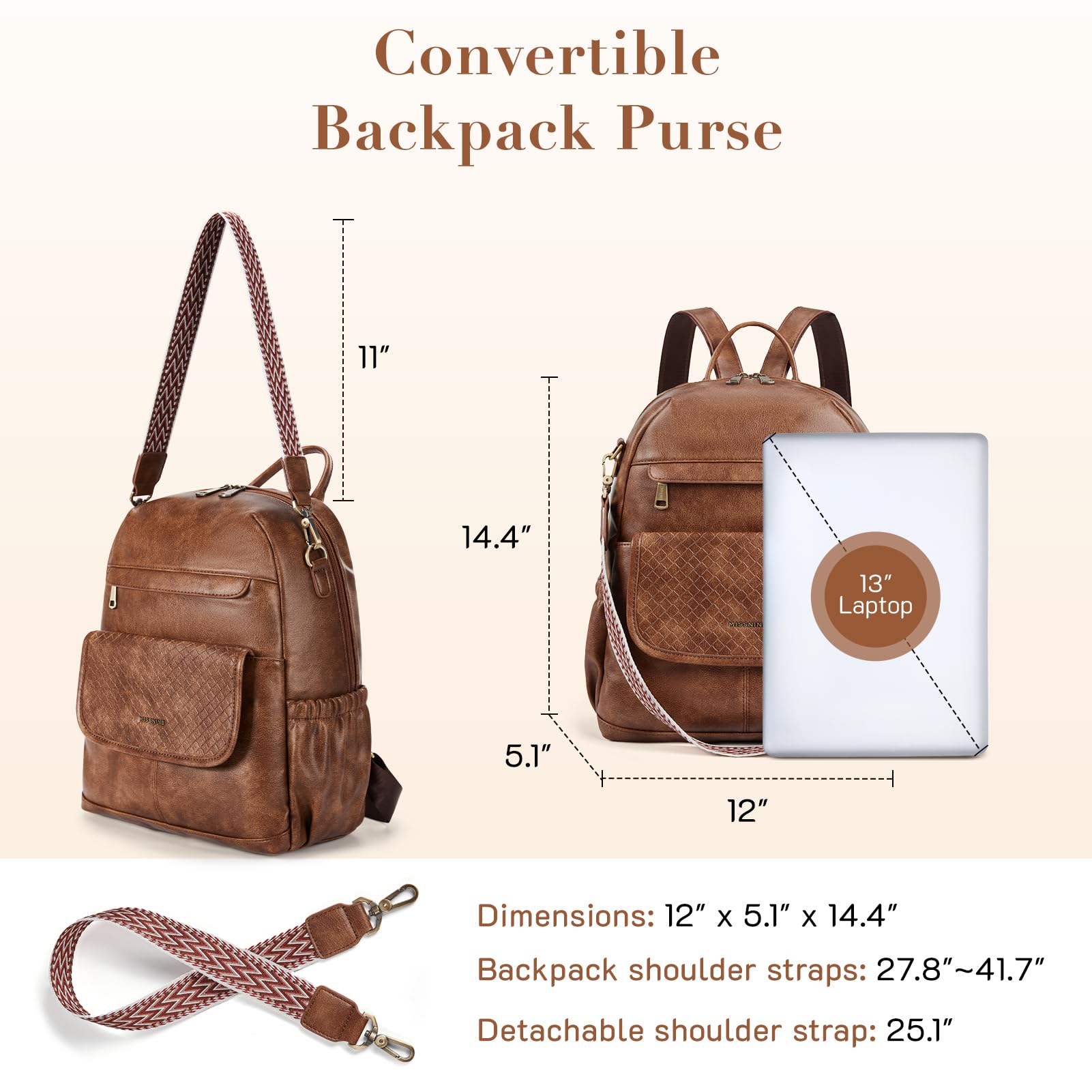 Missnine Women's PU Leather Convertible Backpack Purse - Stylish Shoulder Bag & Satchel for Work, College, Travel with Weave Detail (Coffee Brown) - Perfect for Office Commute, Campus Life & Weekend Getaways