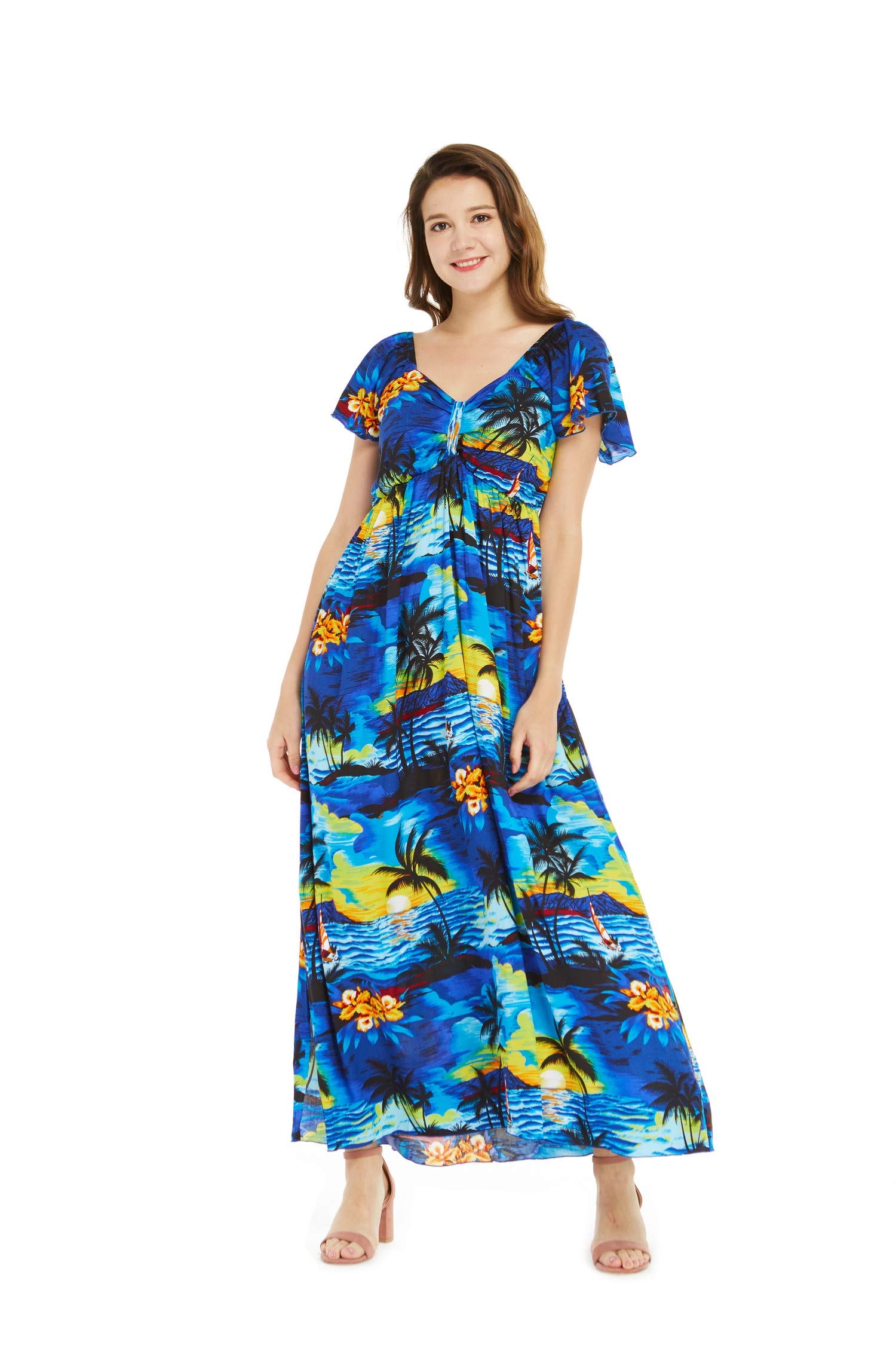 Women's Hawaiian Maxi Dress with Ruffle Sleeves - Sunset Print Floral Beach Dress for Vacation, Summer Party & Tropical Getaway