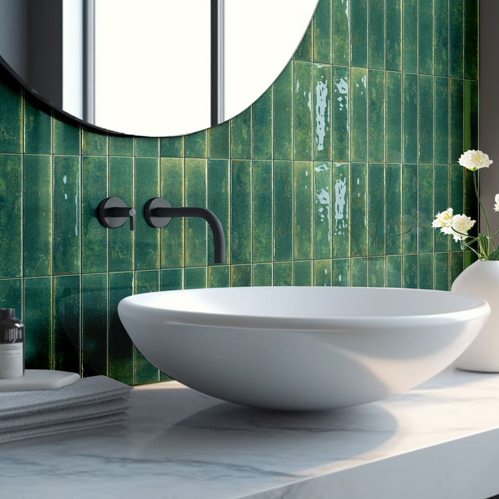 Ravello Dark Green 60x240 Glossy Zellige Subway Tile - Perfect for Kitchen Backsplash, Bathroom Walls & Modern Interior Design