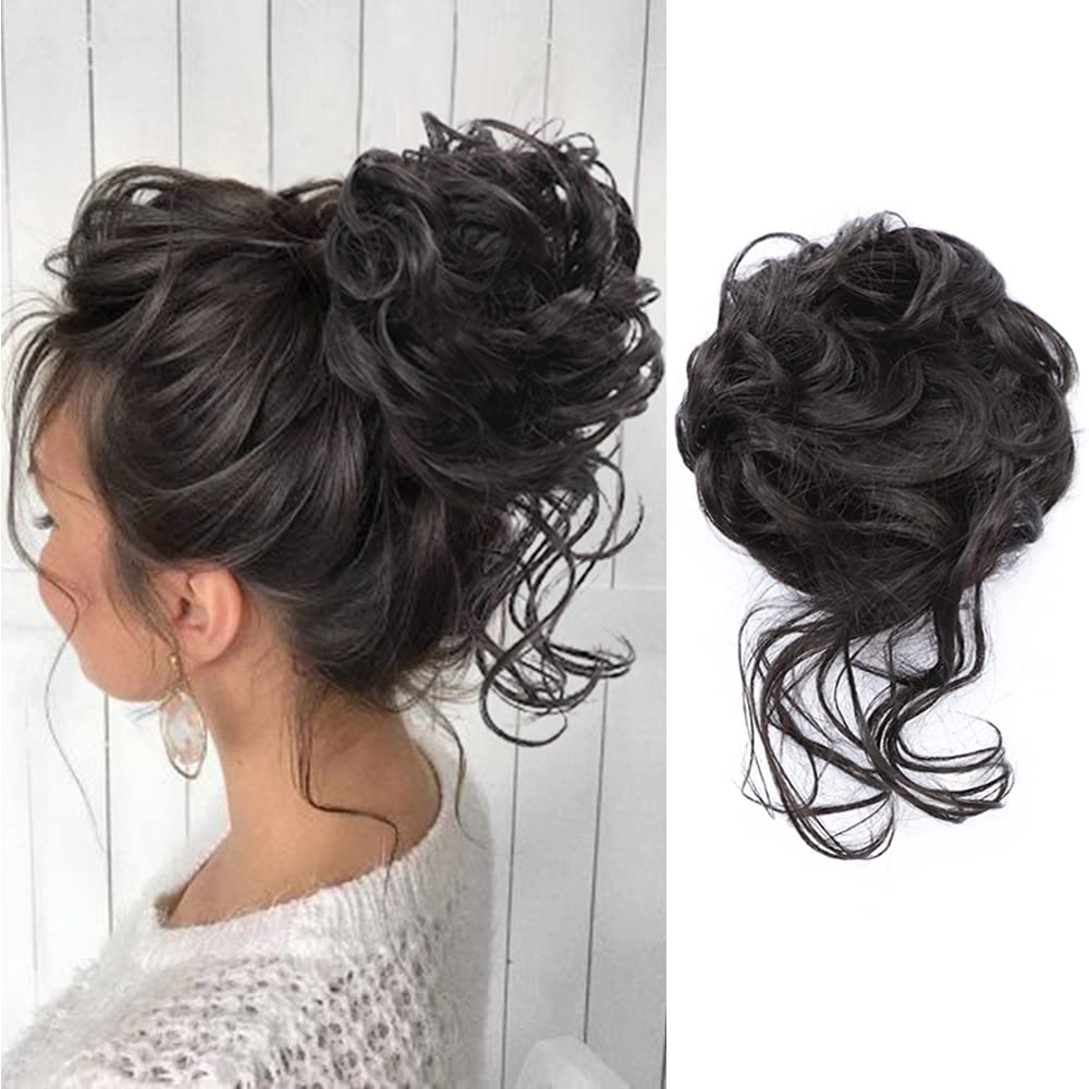KETHBE Messy Bun Hair Piece - Tousled Updo Hair Extension with Elastic Band, Curly Hair Bun Scrunchie for Women (Brownish Black) - Perfect for Casual, Party & Everyday Hairstyles