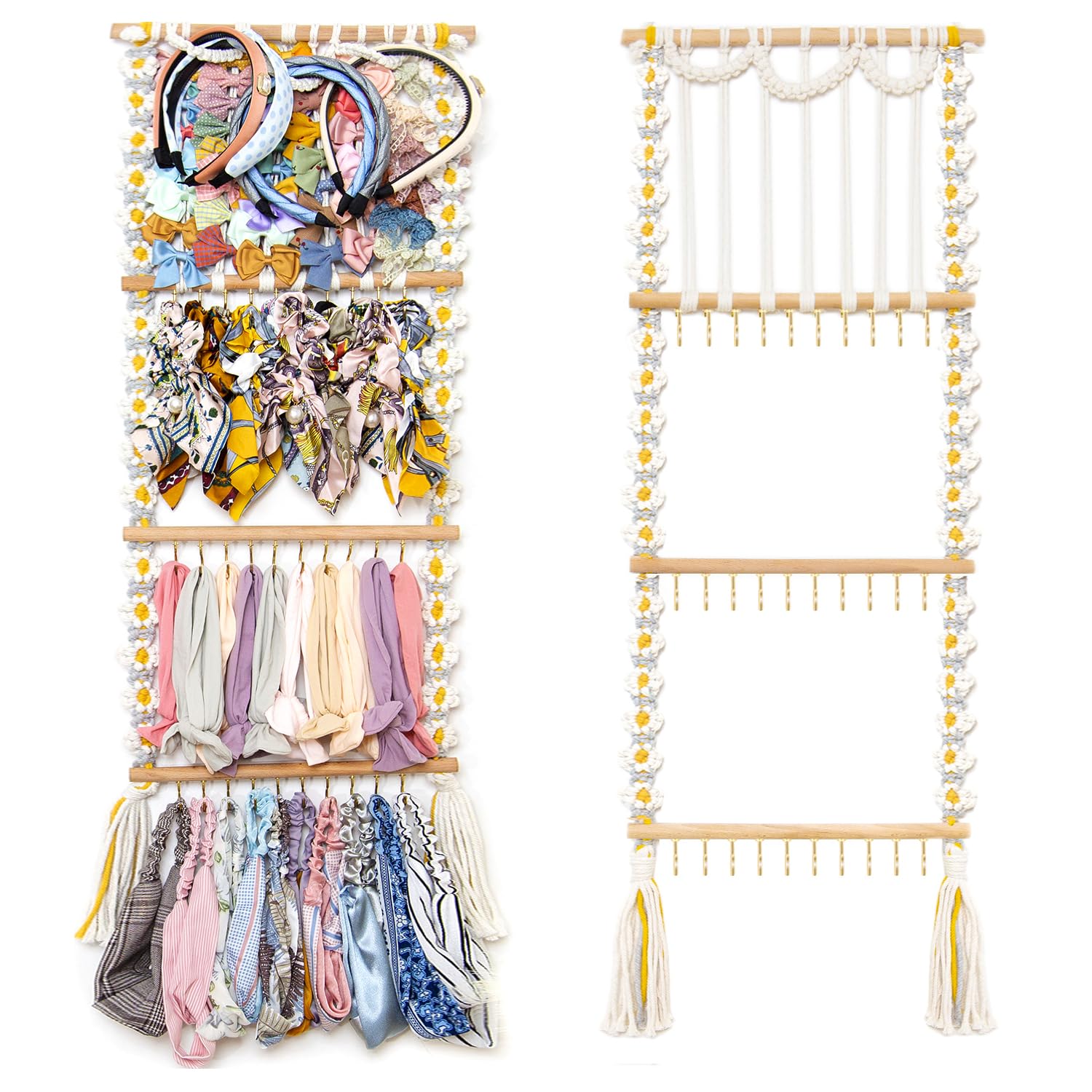Jontell Daisy Hair Bow Holder - Wall-Mounted Organizer for Girls Hair Bows, Baby Headbands & Necklaces - 5 Functional Storage Areas - Perfect for Bedroom, Nursery & Bathroom Accessory Organization