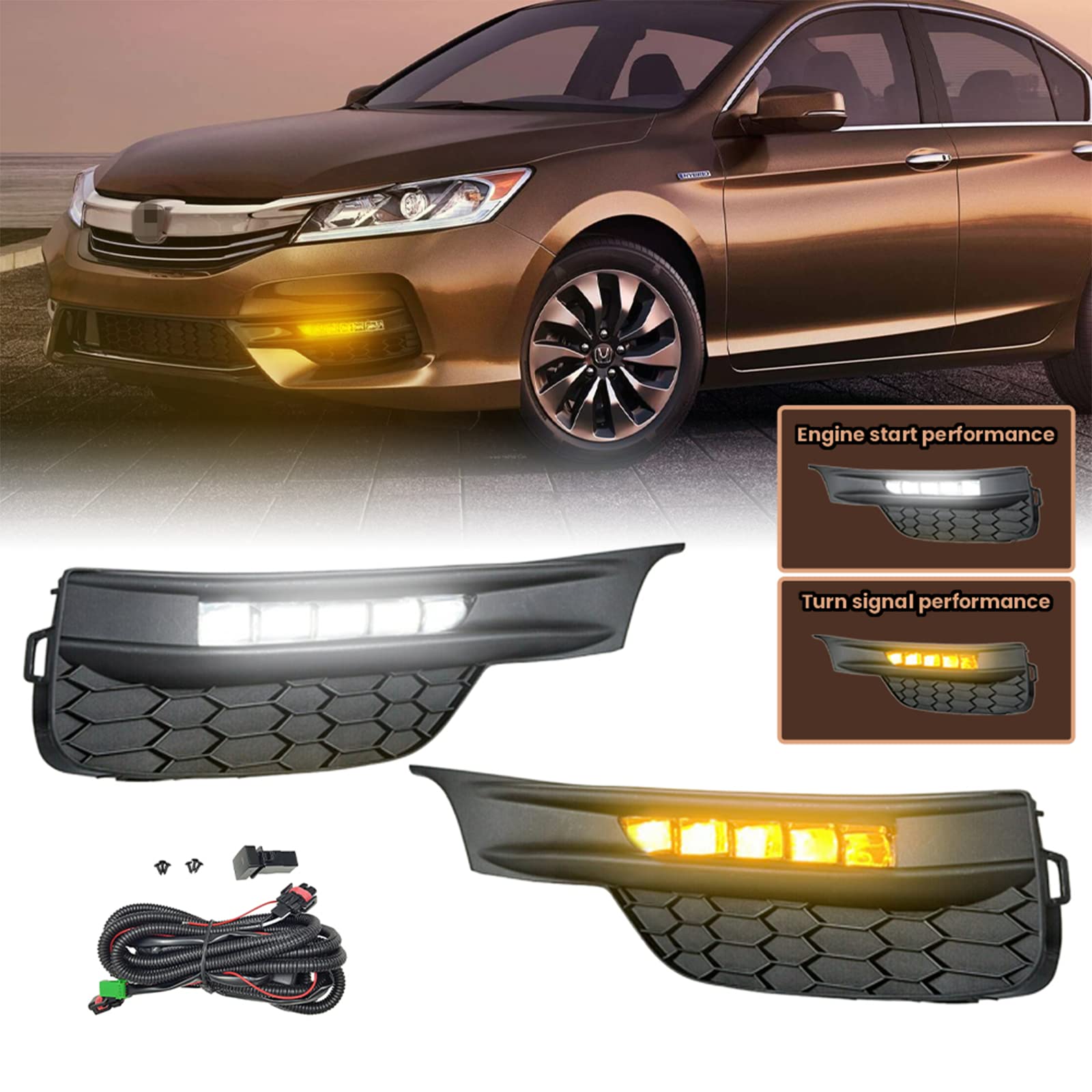 2016-2017 Honda Accord Sedan Front Bumper Fog Lights Kit - Dual Color DRL with Dynamic Turn Signals | Replacement Running Lights for Enhanced Night Driving Safety & Style