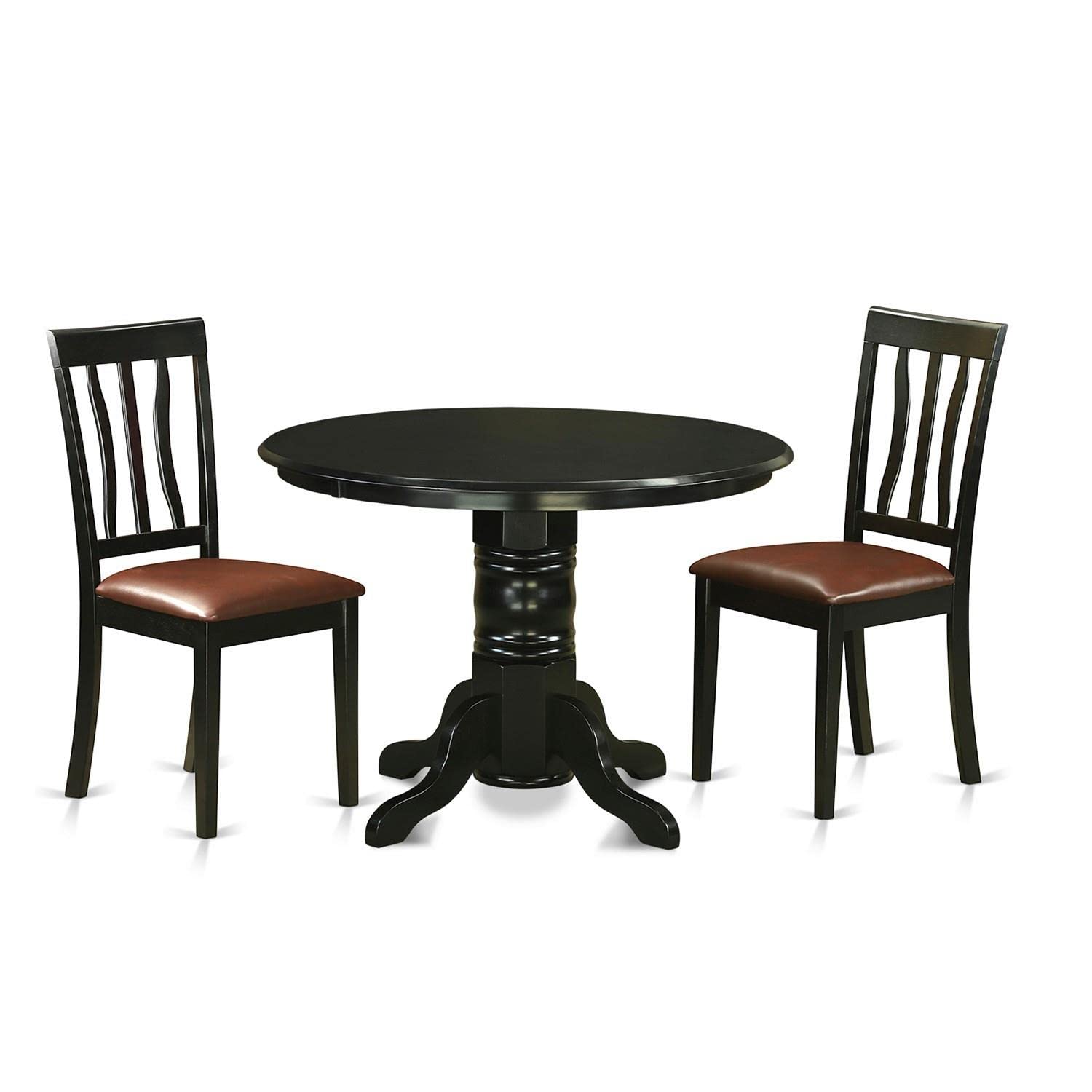 East West Furniture SHAN3-BLK-LC 3-Piece Round Dining Set with Pedestal Table & 2 Faux Leather Chairs, 42x42 Inch, Black - Perfect for Small Spaces, Breakfast Nooks & Modern Apartments