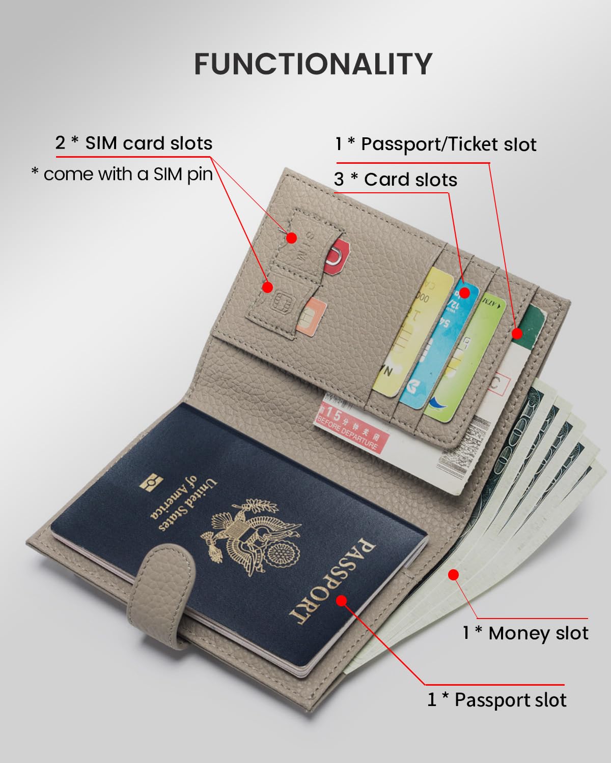 RFID Blocking Passport Holder for Women - Slim Leather Travel Wallet with Card Slots, SIM Holder, Zippered Coin Pocket & Cash Compartment | Perfect for Airports, Vacations & International Trips (Elephant Grey)