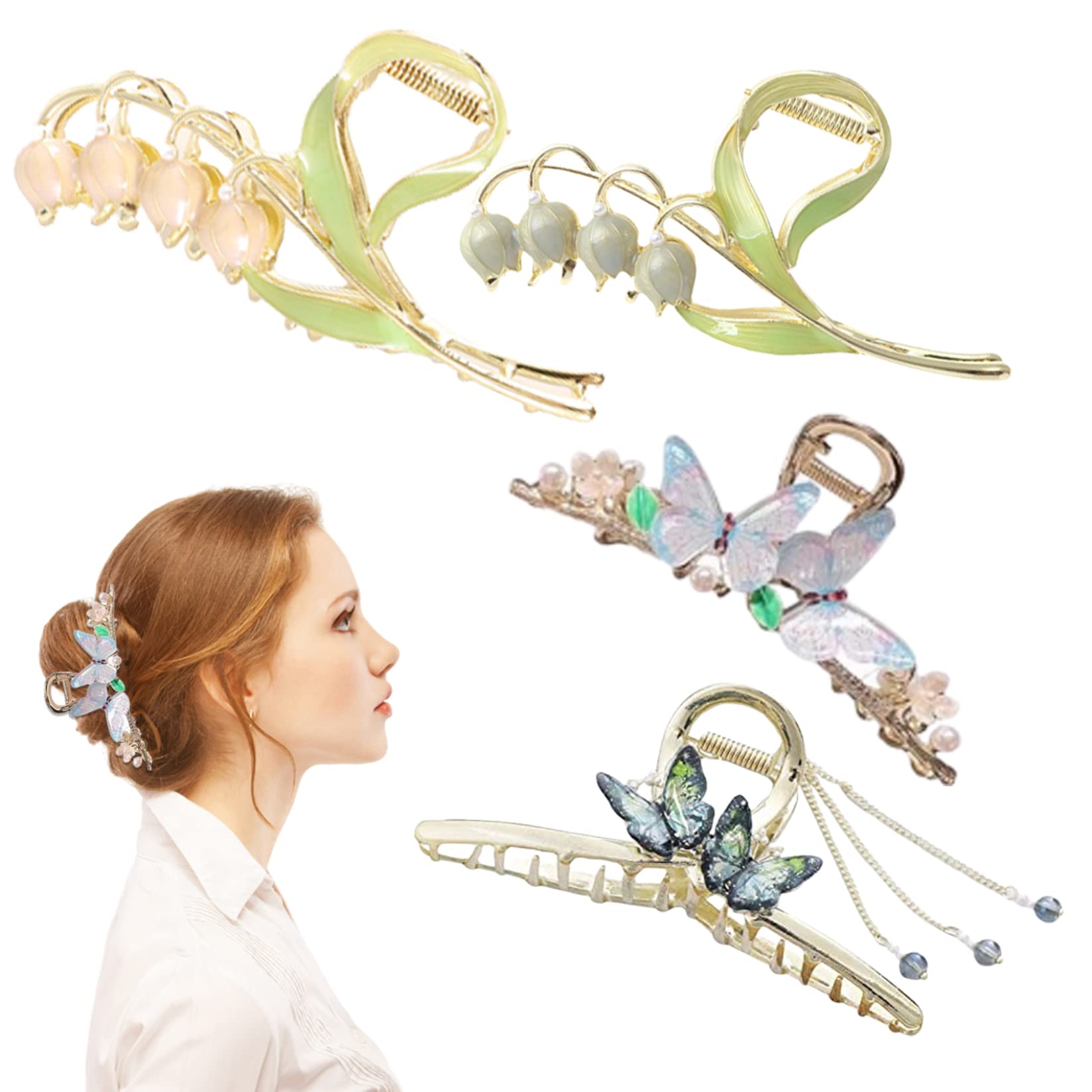 4Pcs Elegant Metal Butterfly Flower Hair Clips for Women - Handmade Large Claw Clips with Bellflower Design for Thick Hair, Perfect for Summer, Weddings & Daily Styling