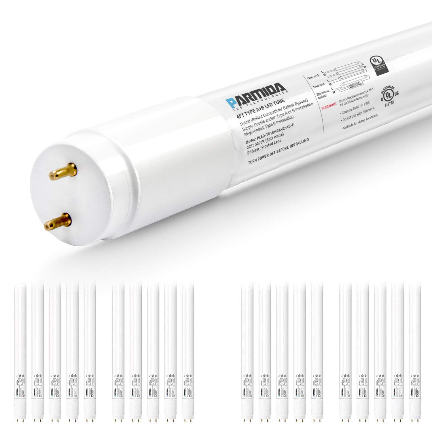 PARMIDA 20-Pack 4FT LED T8 Hybrid Type A+B Light Tubes, 18W 2200lm, Plug & Play or Ballast Bypass, Single/Double-Ended Connection, Frosted Cover, Compatible with T8 T10 T12 Fixtures, UL Listed 3000K Warm White - Perfect for Office, Garage, Warehouse & Home Lighting