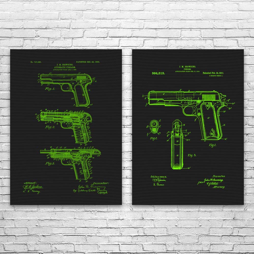 John Browning Pistol Patent Prints - Set of 2 Gun Blueprint Art (16x20 Inches) | Military Wall Decor, Law Enforcement Gift, Gun Club Display | Perfect for Man Cave, Office, or Shooting Range