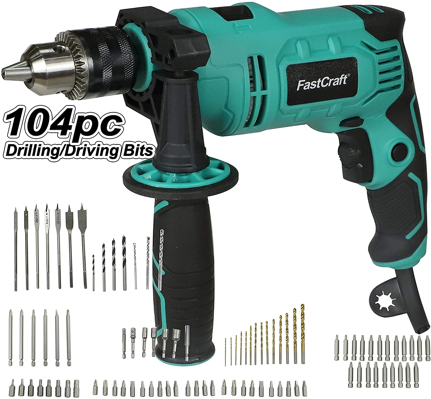 FastCraft Hammer Drill 104pc Bits Set - 9A Peak Power 1/2-inch Chuck Impact Drill Driver (0-2800RPM, Dual Switch) for Professional & Industrial Use - Perfect for Masonry, Metal, Wood & Concrete Drilling