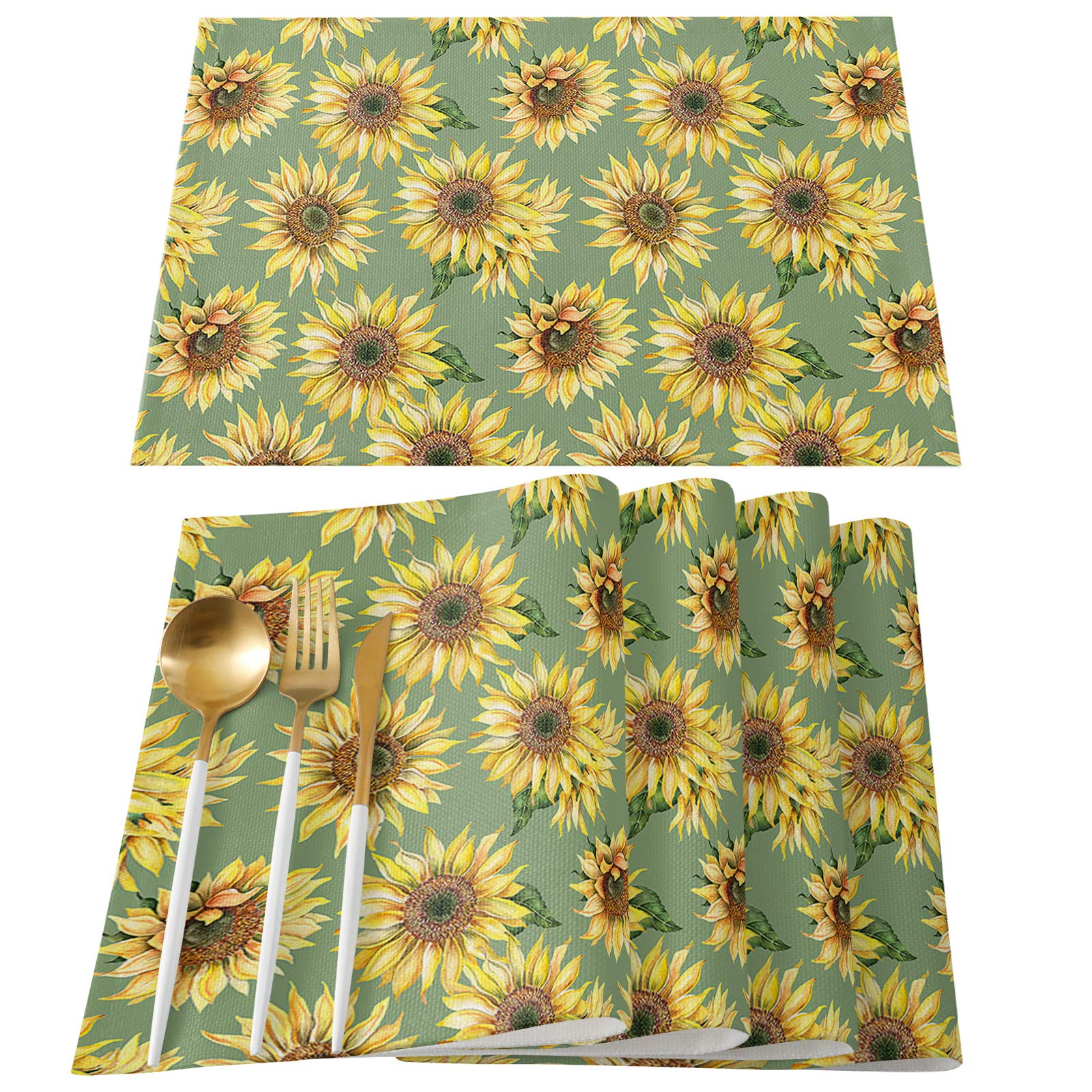6-Pack Sunflower Placemats - Washable Burlap & Cotton Table Mats for Kitchen Dining, Holiday Home Decor | Perfect for Farmhouse, Rustic, and Spring Table Settings